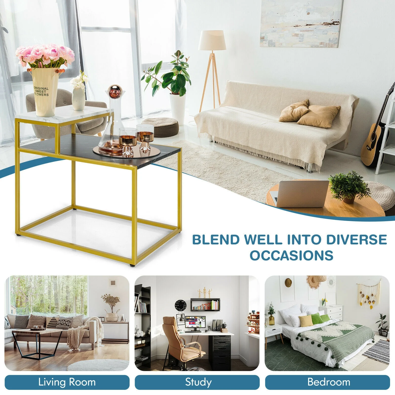 2 Tier End Side Table With Metal Frame, Storage Shelf, White - Image 7
