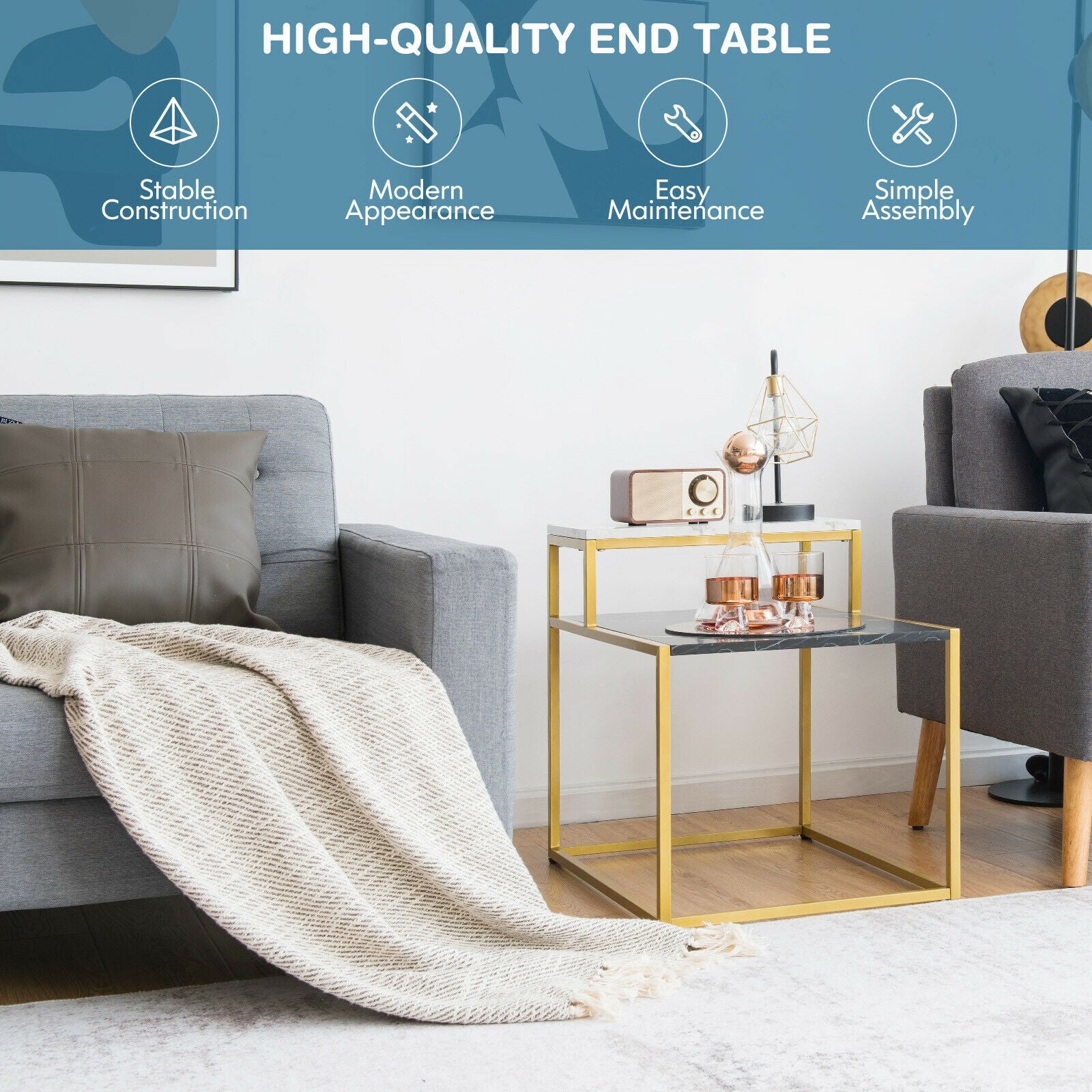 2 Tier End Side Table With Metal Frame, Storage Shelf, White - Image 8