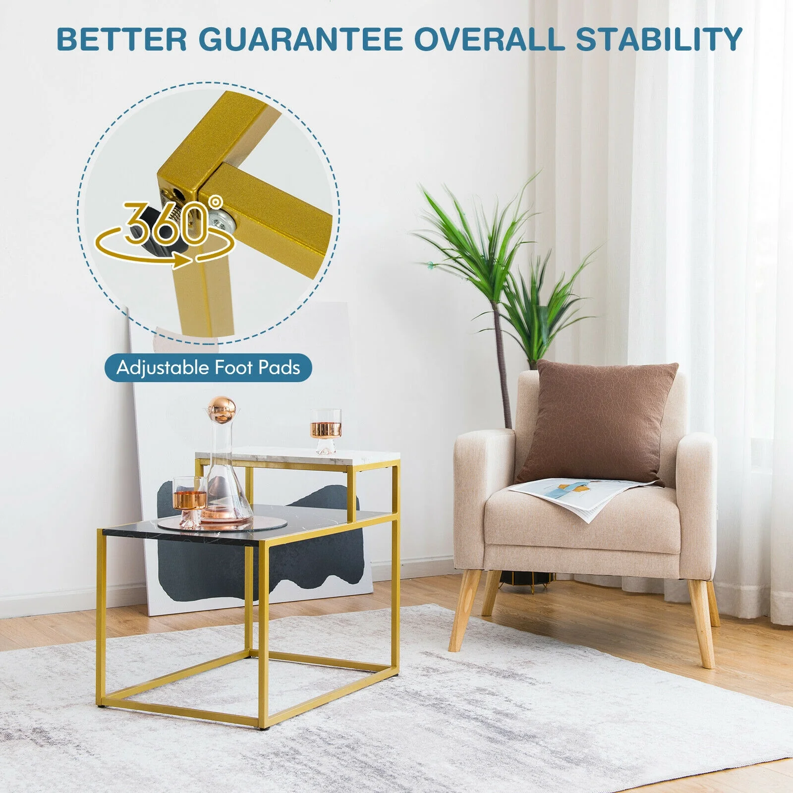 2 Tier End Side Table With Metal Frame, Storage Shelf, White - Image 9