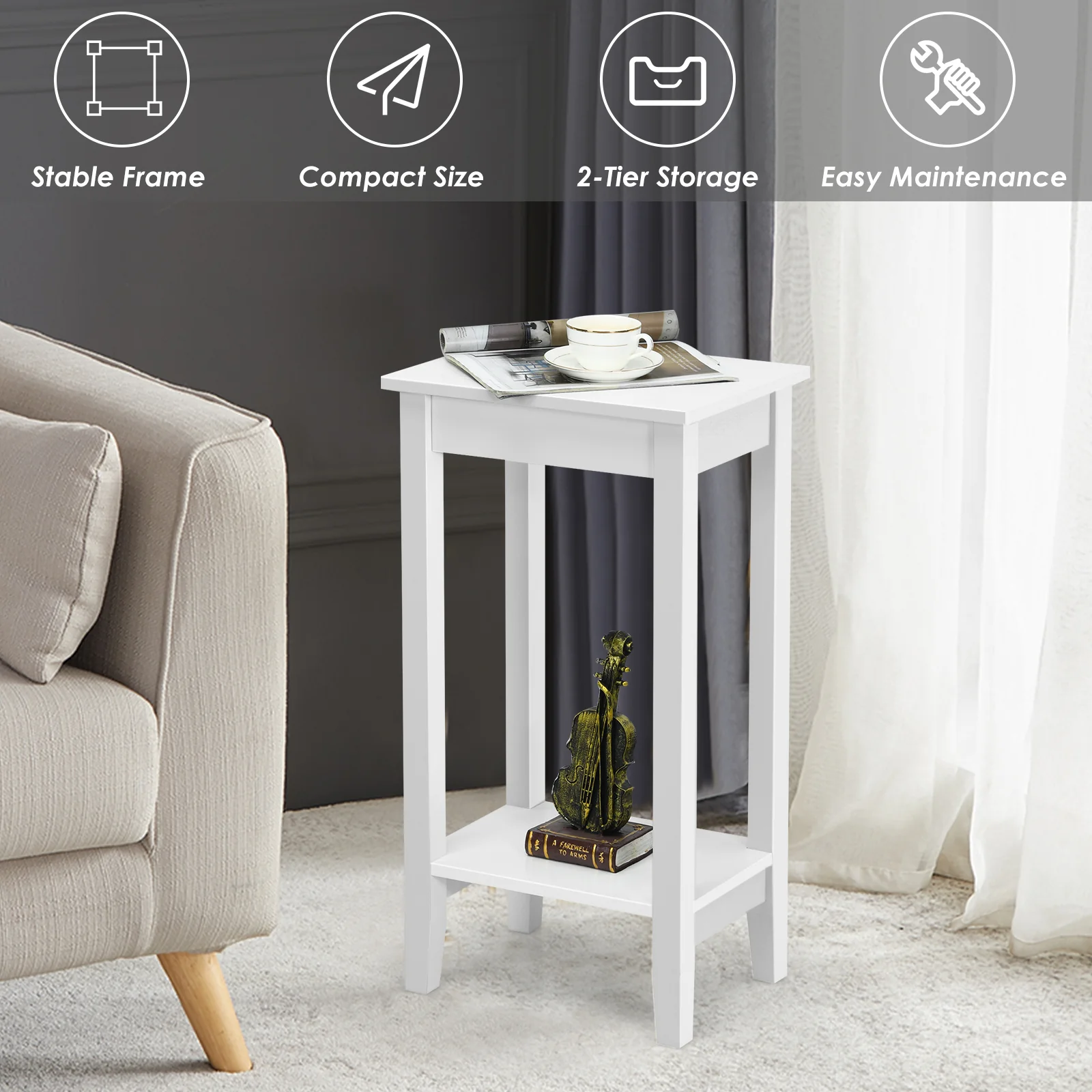 2-Tier End Table With Storage Shelf, Set of 2, White - Image 6
