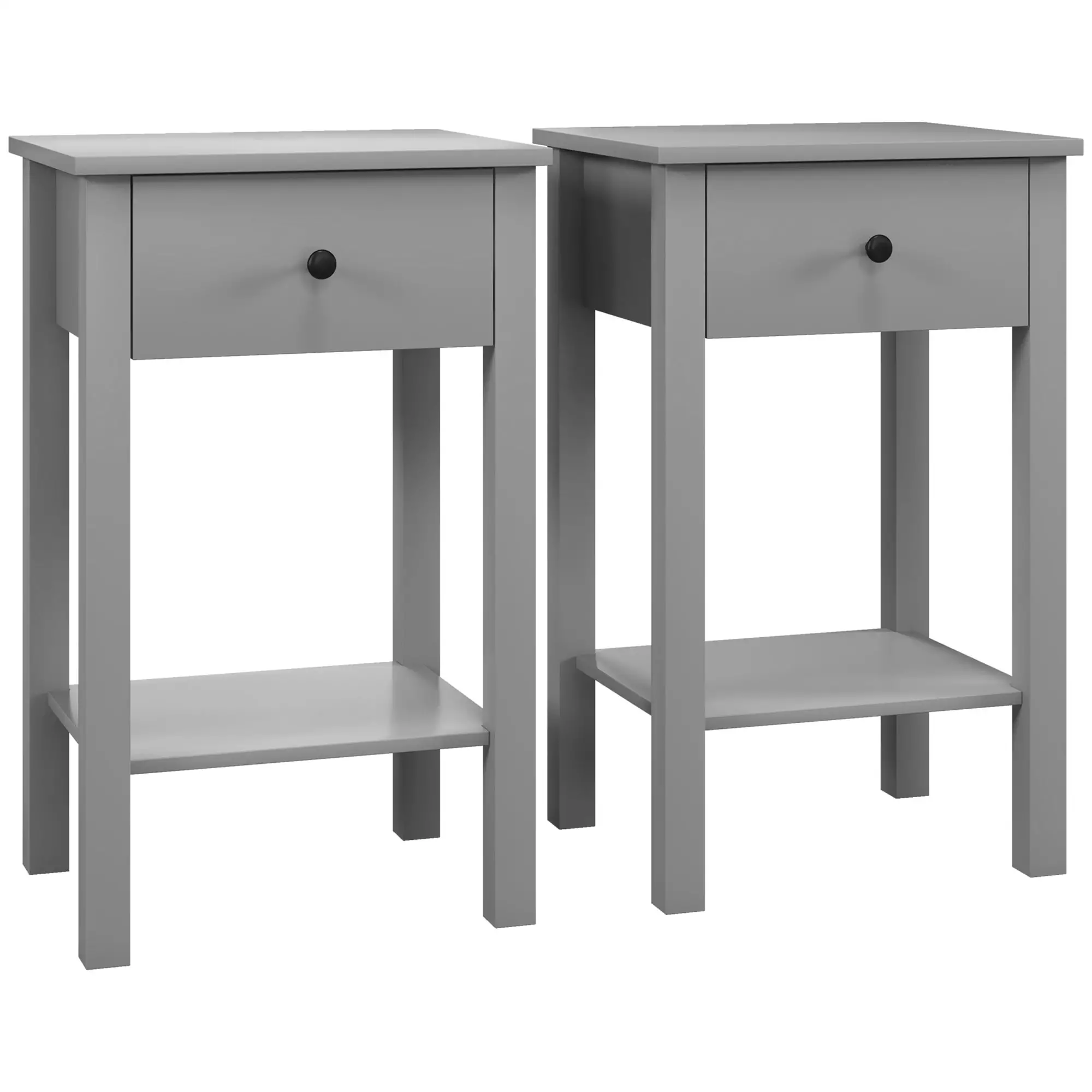 2-Tier End Tables Set of 2, with Drawer, Bottom Shelf, Grey