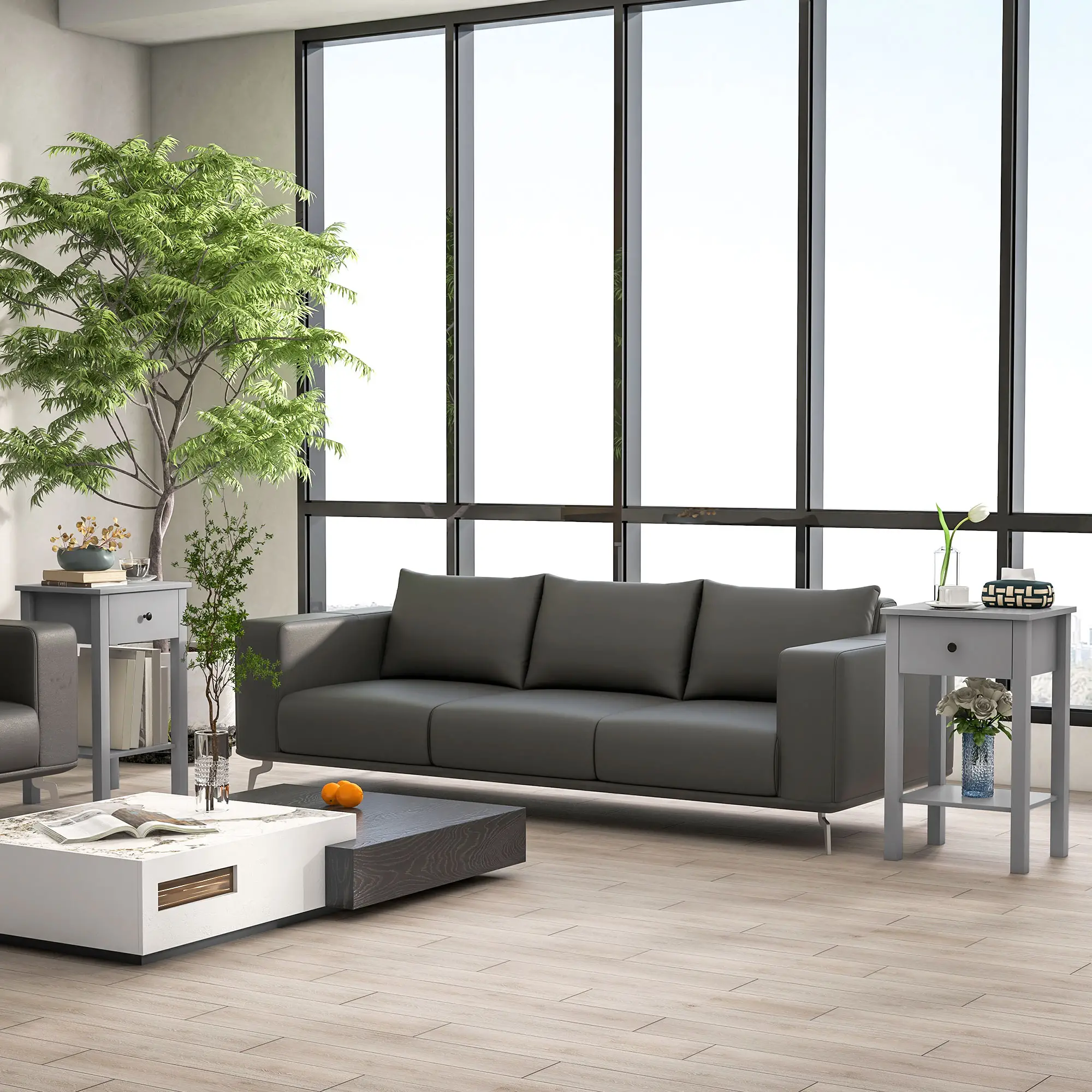 2-Tier End Tables Set of 2, with Drawer, Bottom Shelf, Grey - Image 2