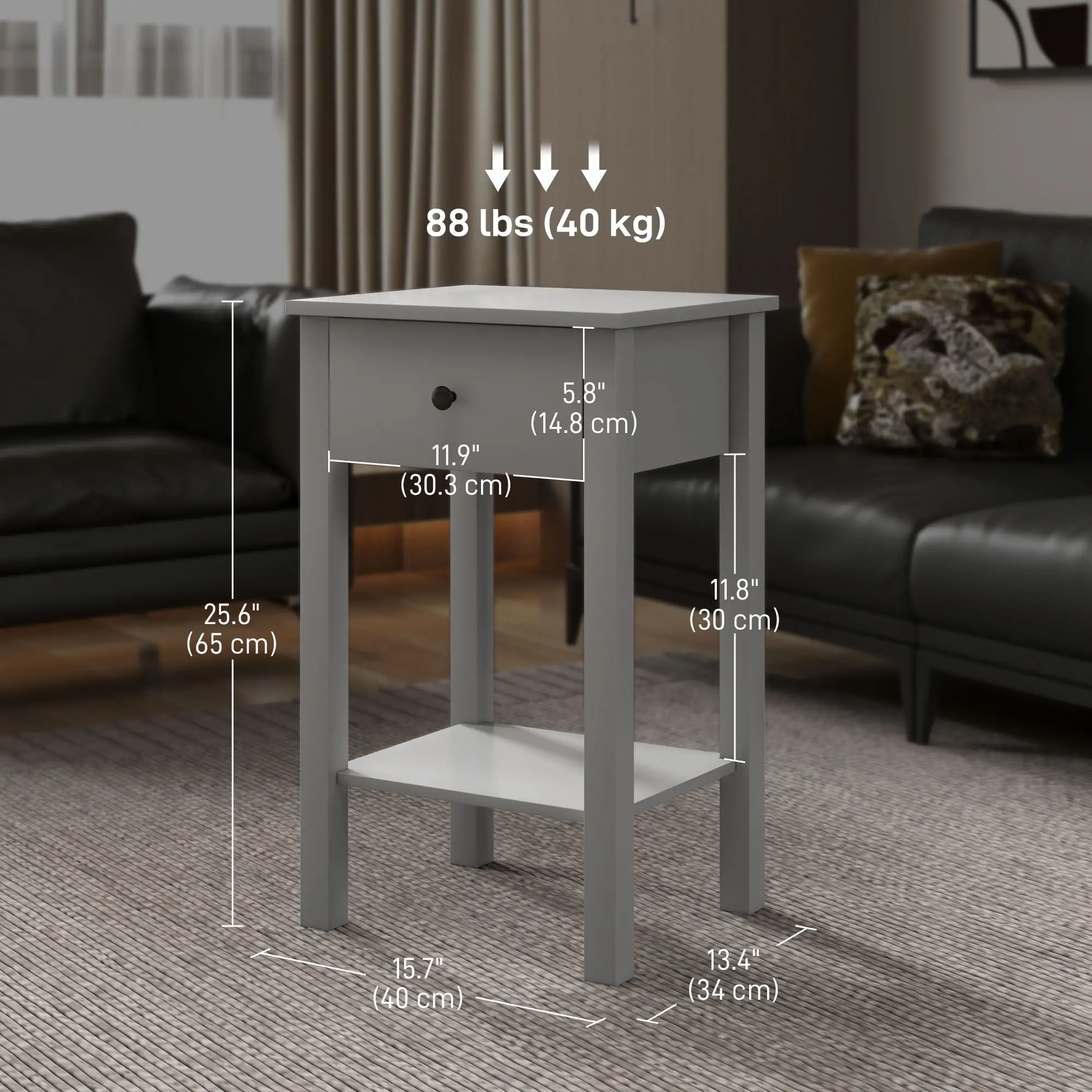 2-Tier End Tables Set of 2, with Drawer, Bottom Shelf, Grey - Image 3
