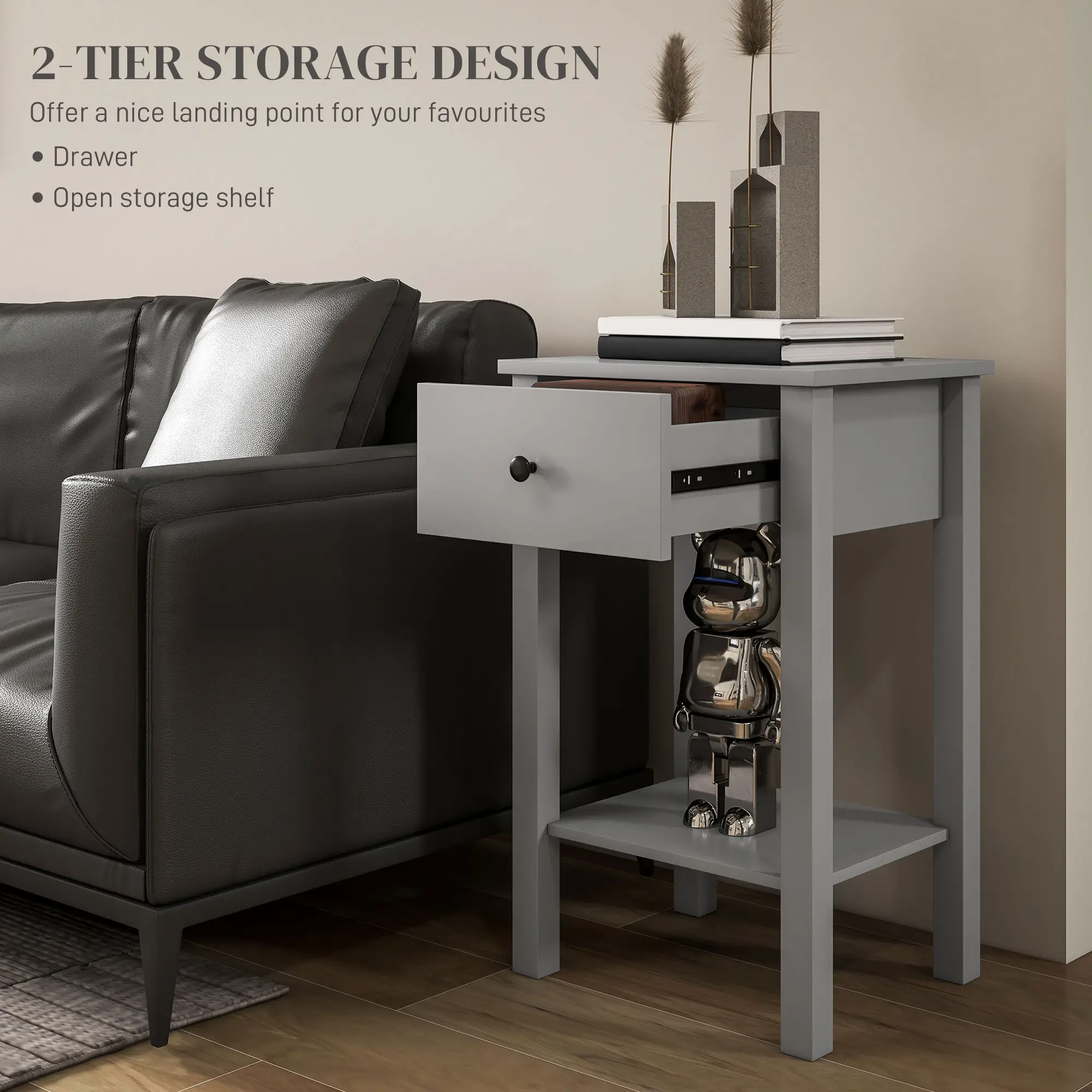 2-Tier End Tables Set of 2, with Drawer, Bottom Shelf, Grey - Image 4