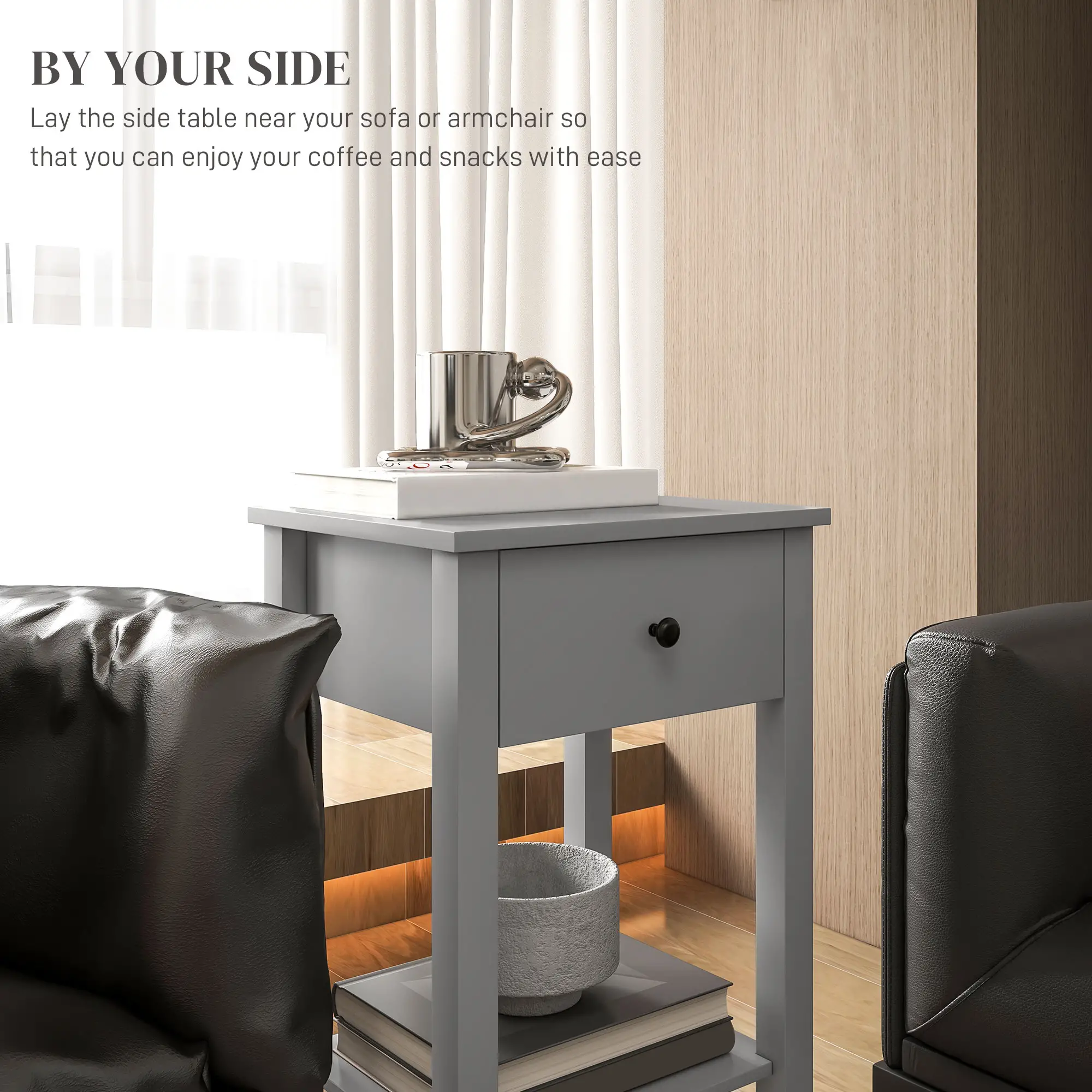 2-Tier End Tables Set of 2, with Drawer, Bottom Shelf, Grey - Image 5