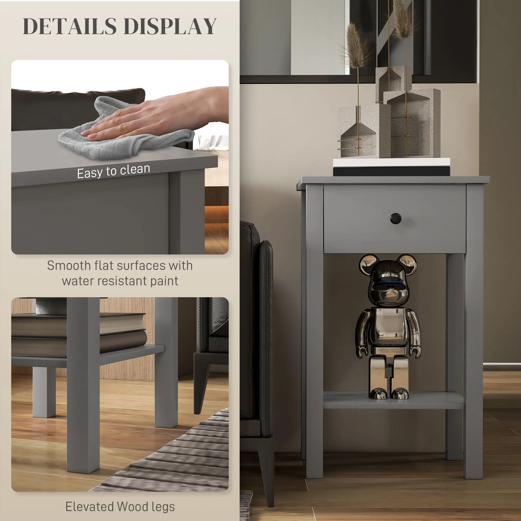 2-Tier End Tables Set of 2, with Drawer, Bottom Shelf, Grey - Image 6
