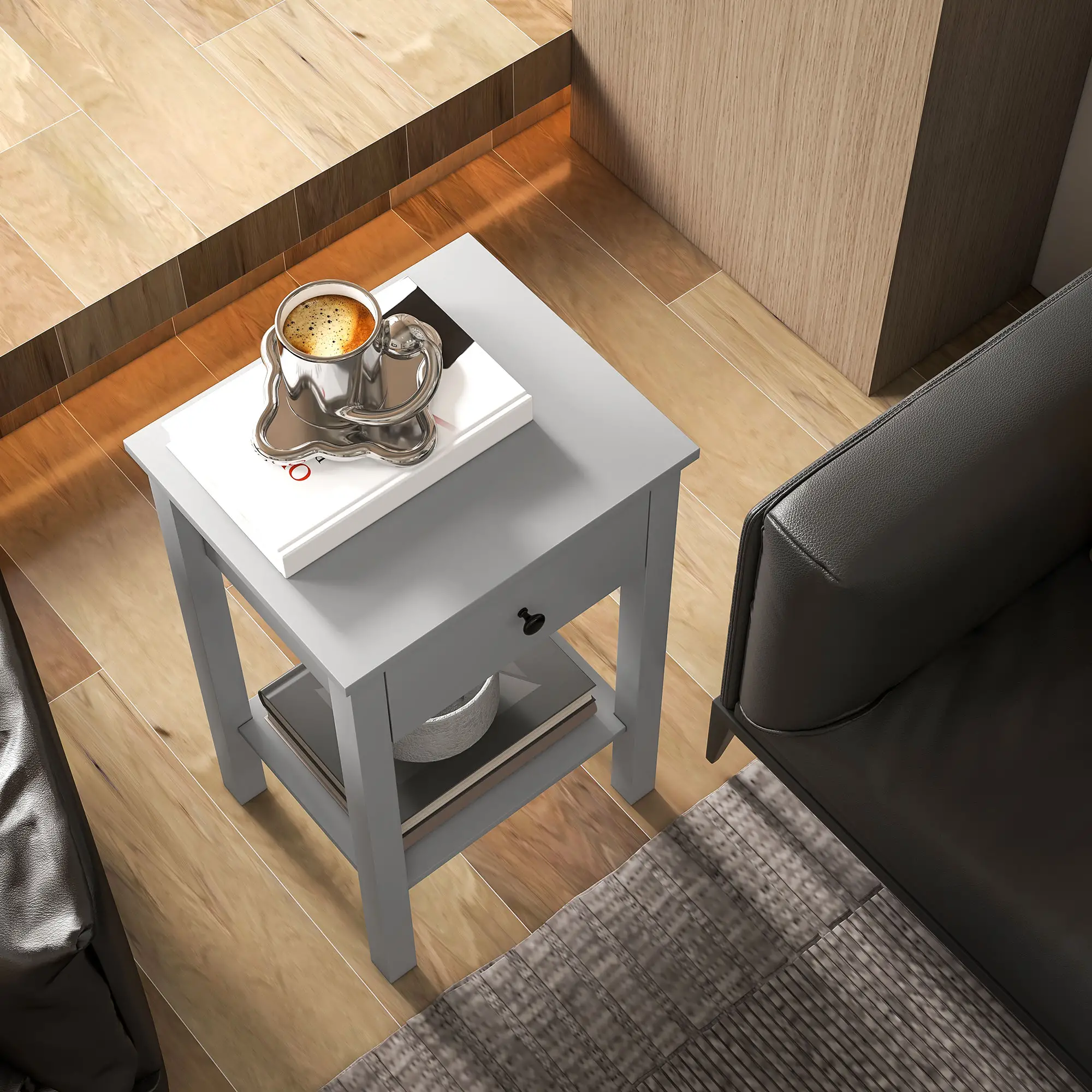 2-Tier End Tables Set of 2, with Drawer, Bottom Shelf, Grey - Image 8