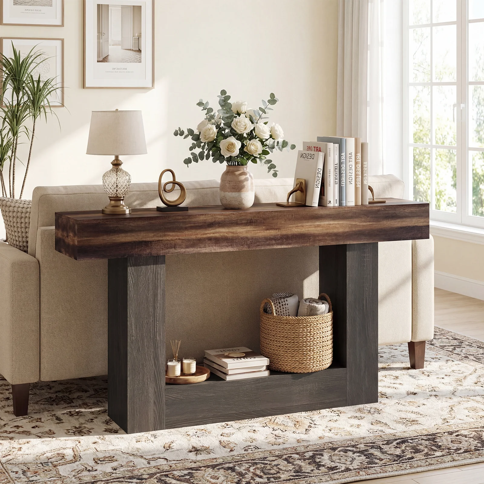 2-Tier Farmhouse Console Table, 63" Long, Storage Shelf, Rustic Brown - Image 2