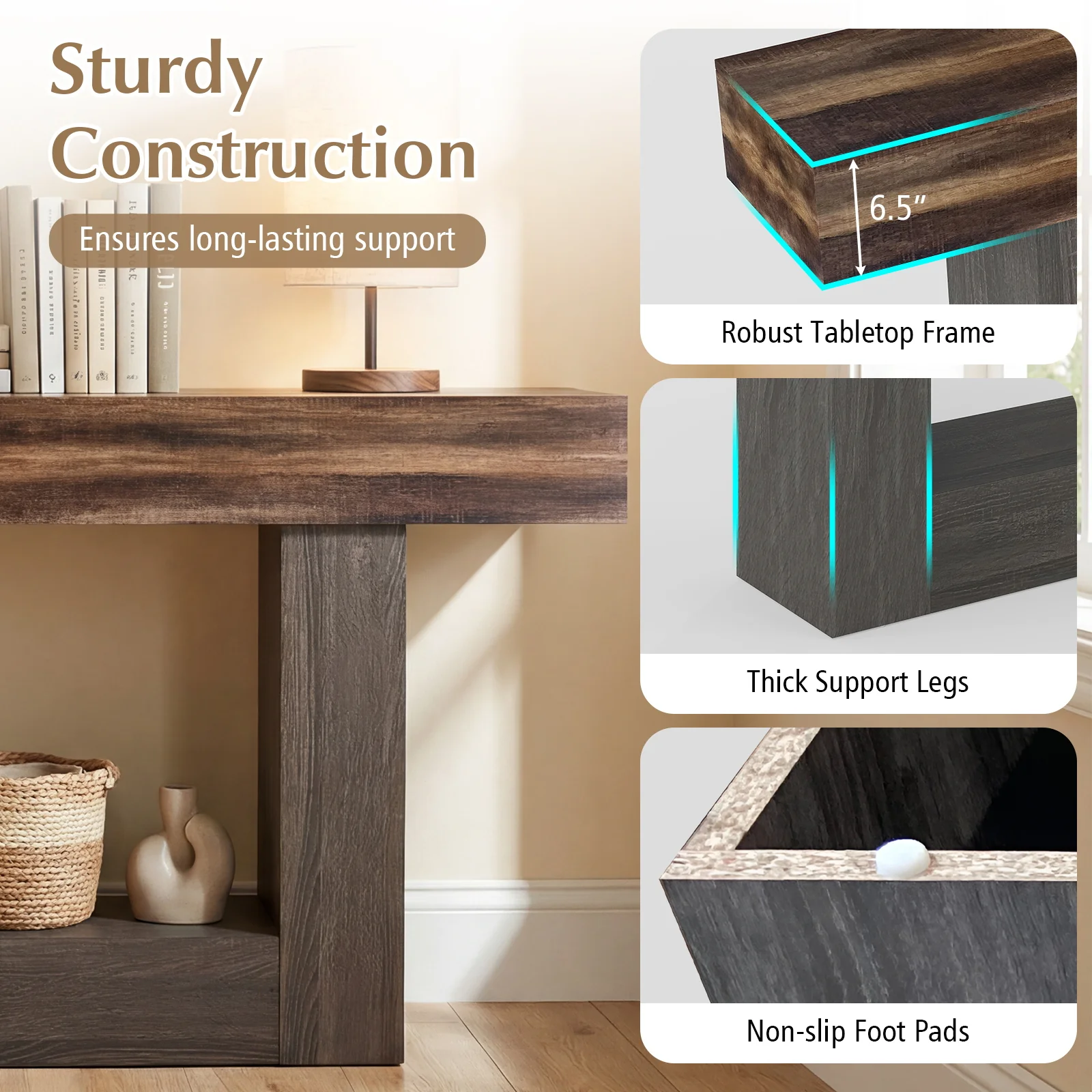 2-Tier Farmhouse Console Table, 63" Long, Storage Shelf, Rustic Brown - Image 8