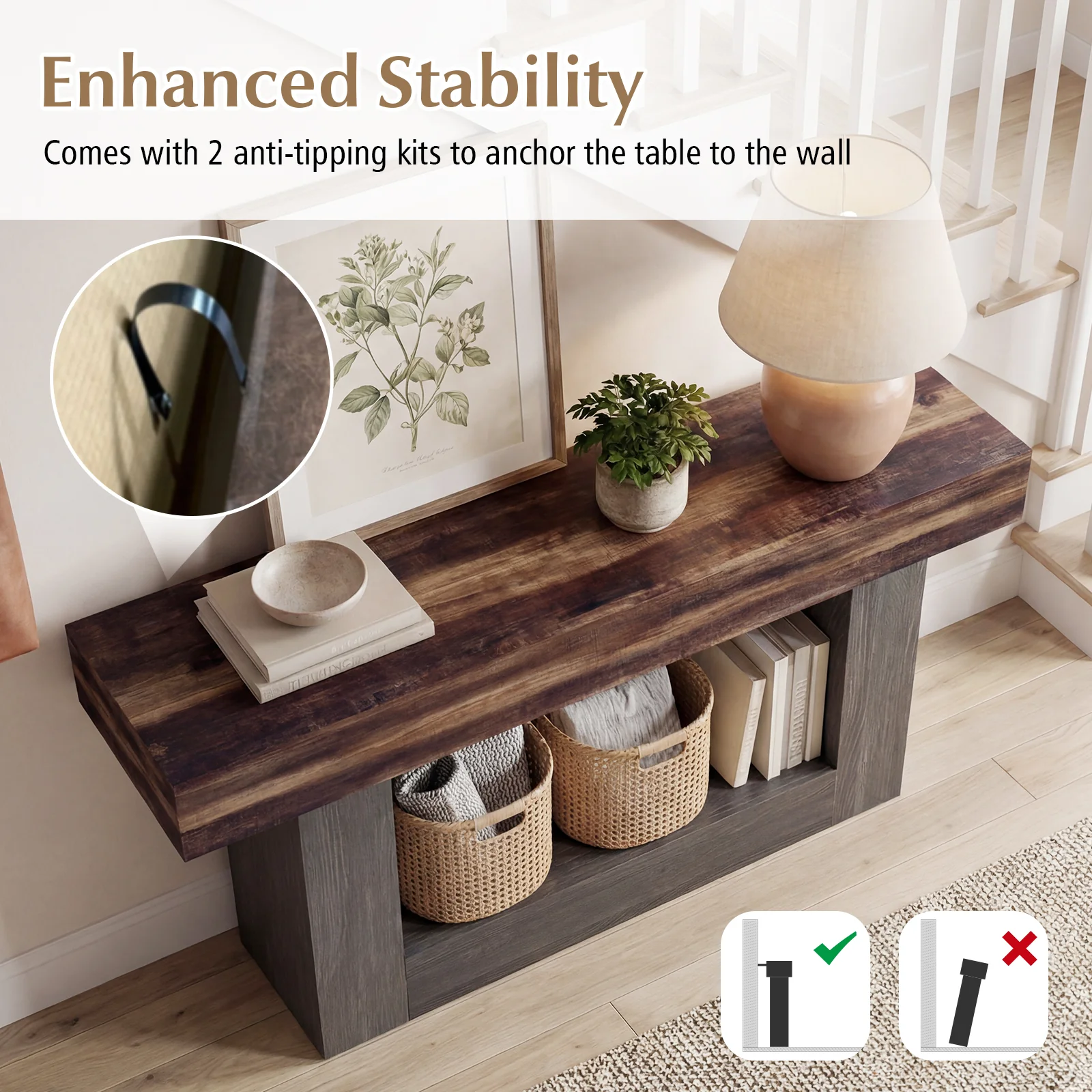 2-Tier Farmhouse Console Table, 63" Long, Storage Shelf, Rustic Brown - Image 9