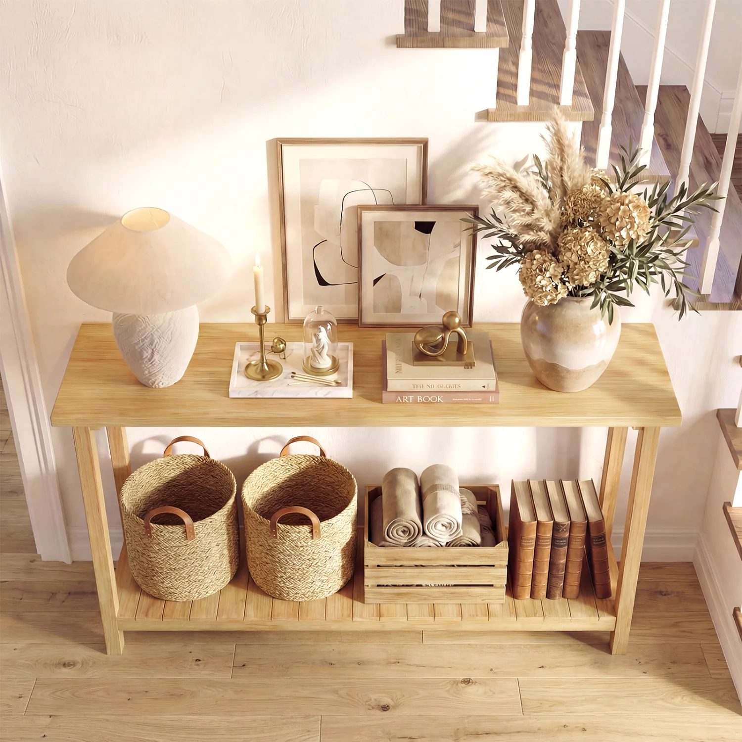 2-Tier Farmhouse Sofa Table, Teak Wood Frame, Storage Shelf - Image 10
