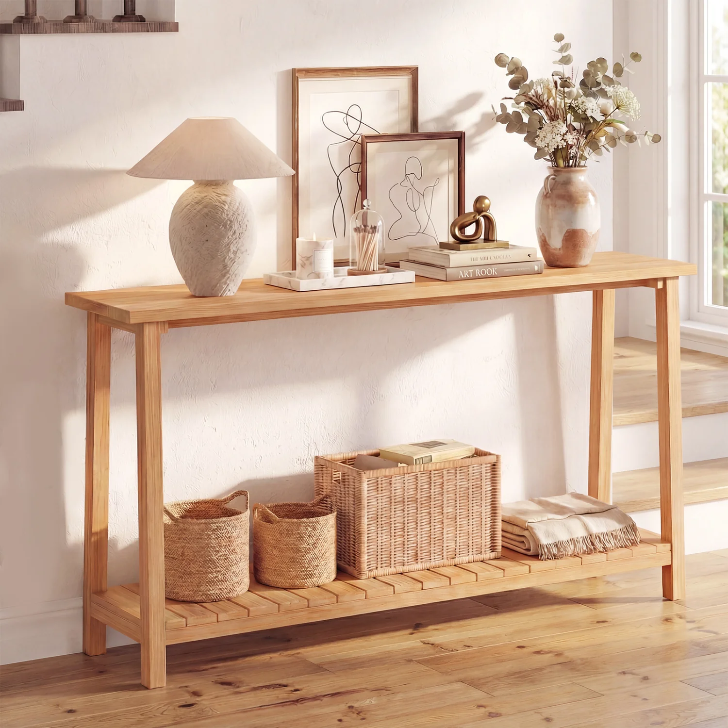 2-Tier Farmhouse Sofa Table, Teak Wood Frame, Storage Shelf - Image 2