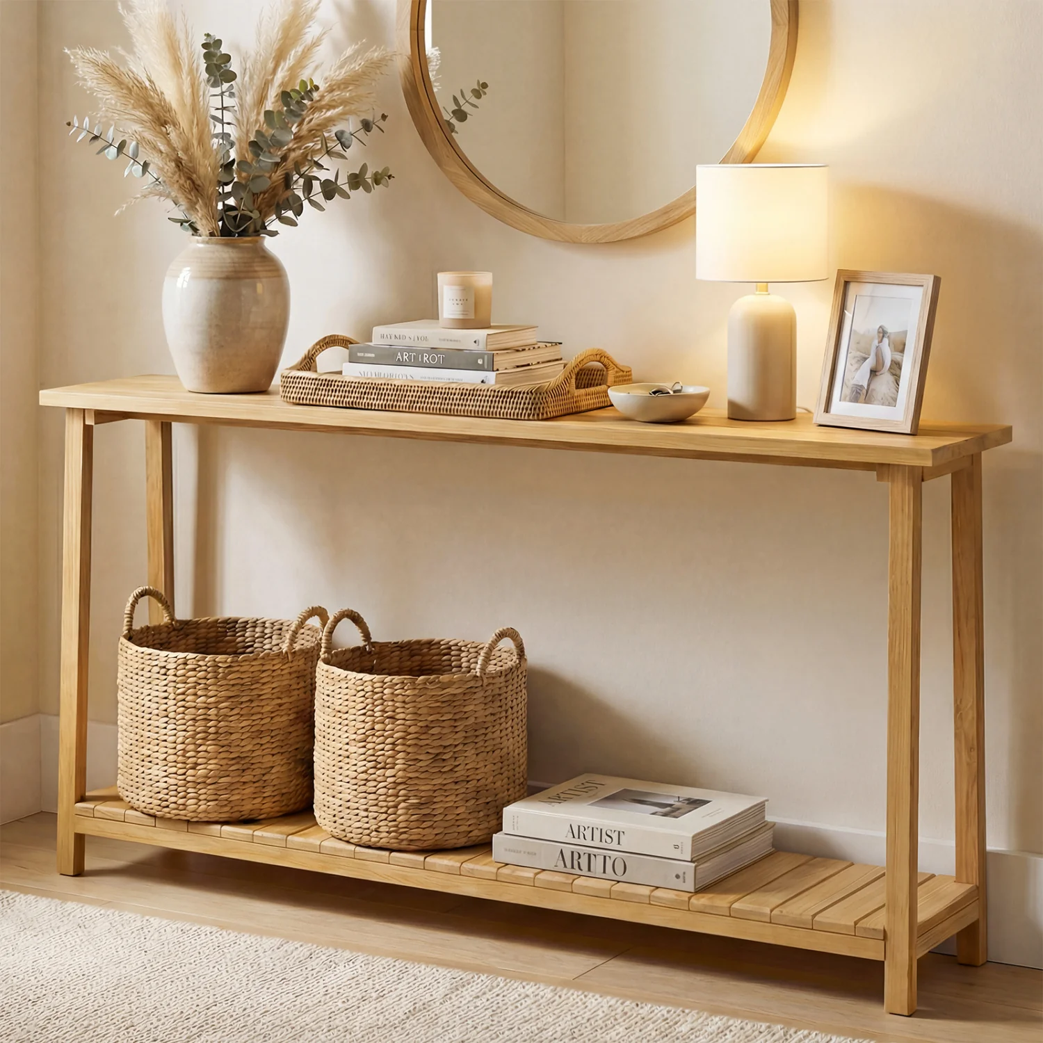 2-Tier Farmhouse Sofa Table, Teak Wood Frame, Storage Shelf - Image 3