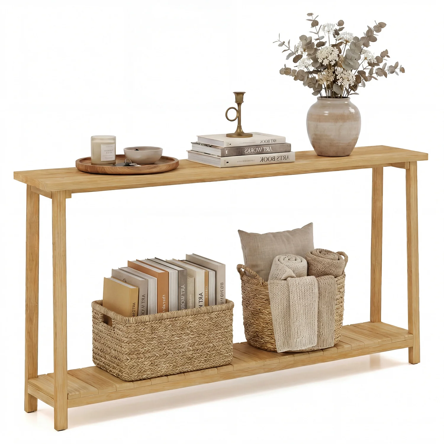 2-Tier Farmhouse Sofa Table, Teak Wood Frame, Storage Shelf - Image 5