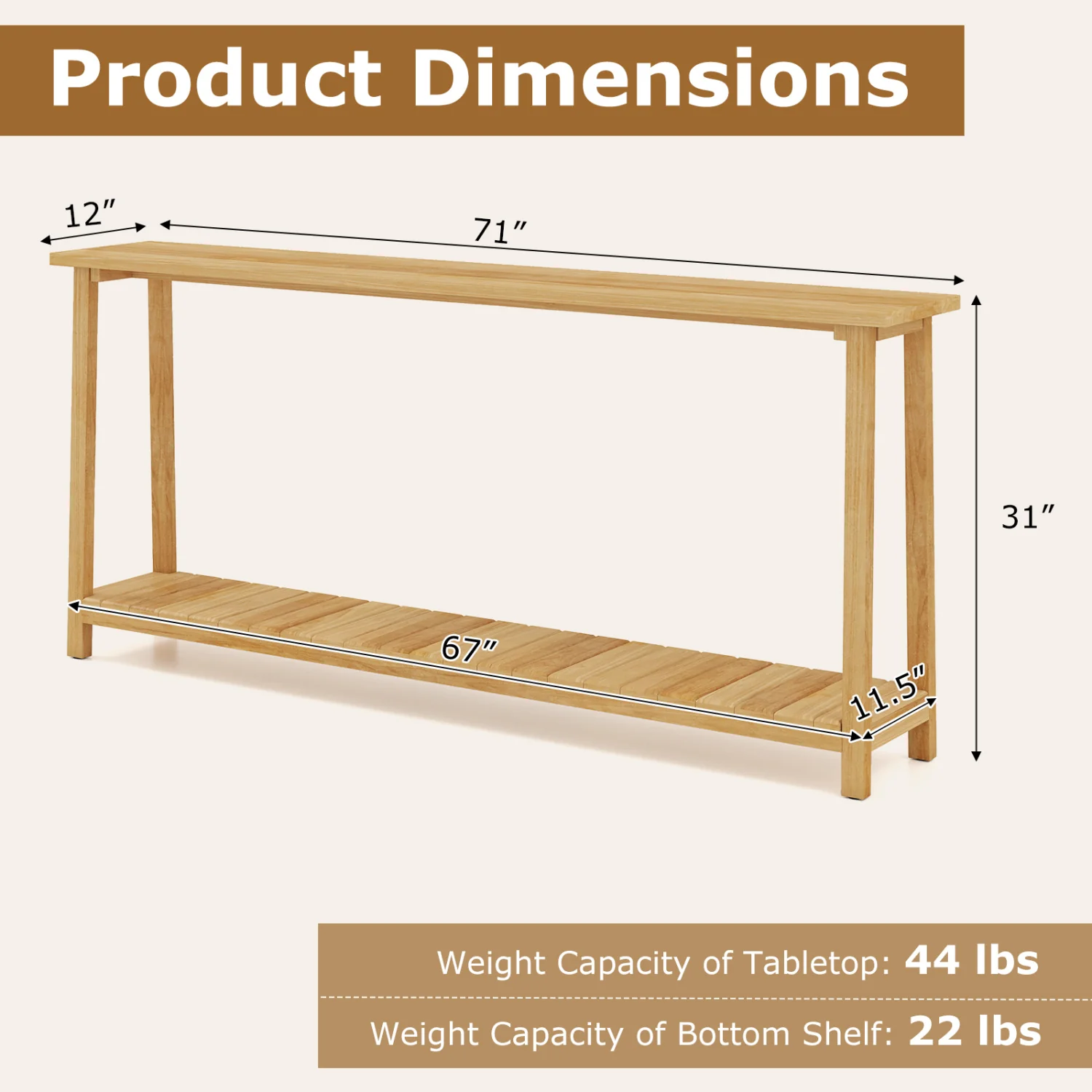 2-Tier Farmhouse Sofa Table, Teak Wood Frame, Storage Shelf - Image 6