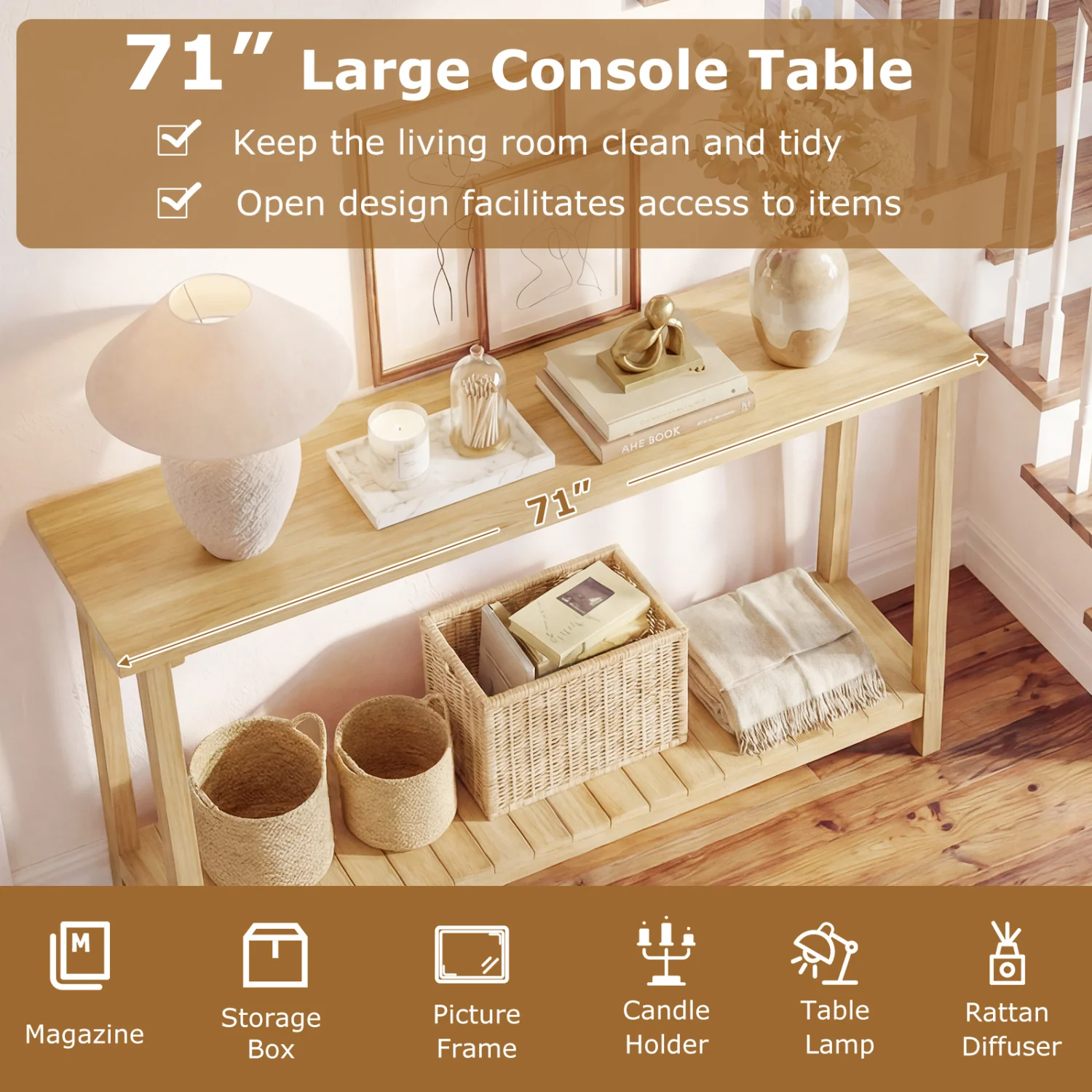 2-Tier Farmhouse Sofa Table, Teak Wood Frame, Storage Shelf - Image 8