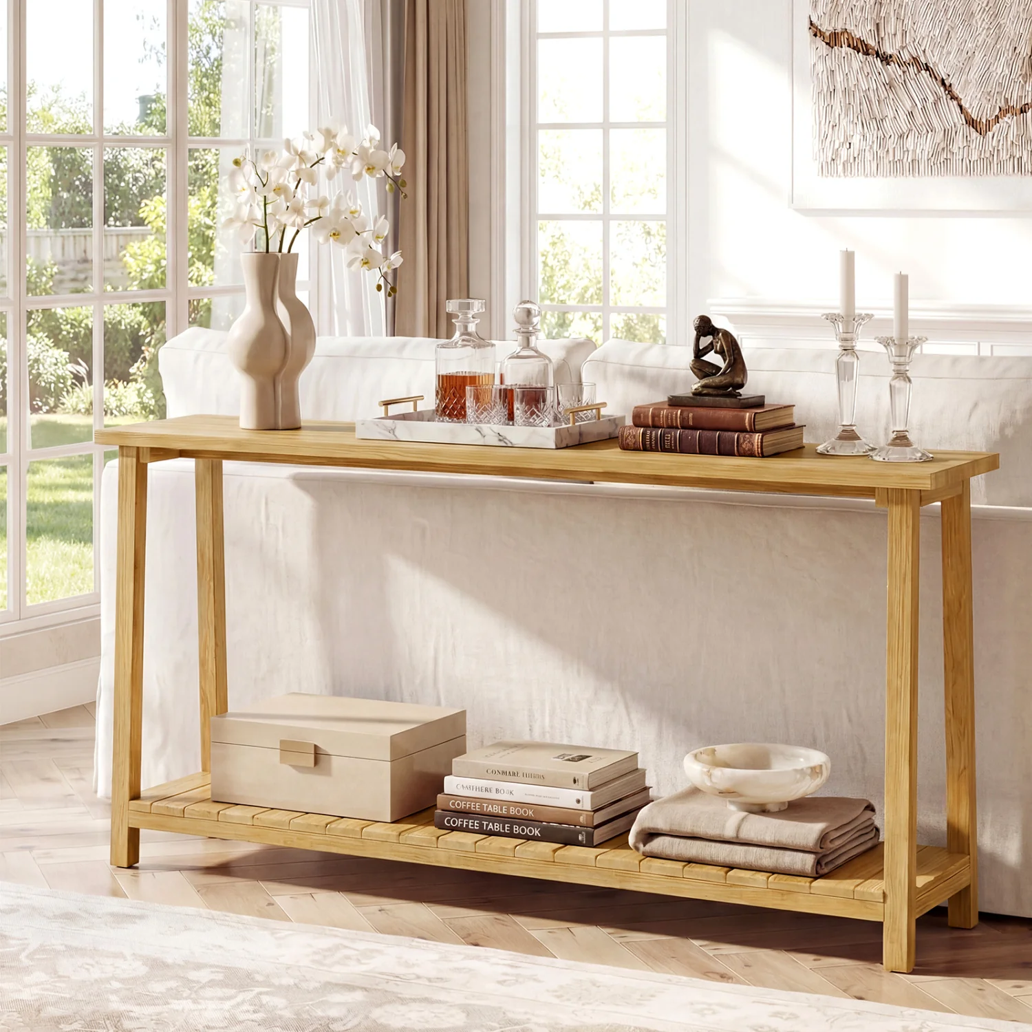 2-Tier Farmhouse Sofa Table, Teak Wood Frame, Storage Shelf - Image 9