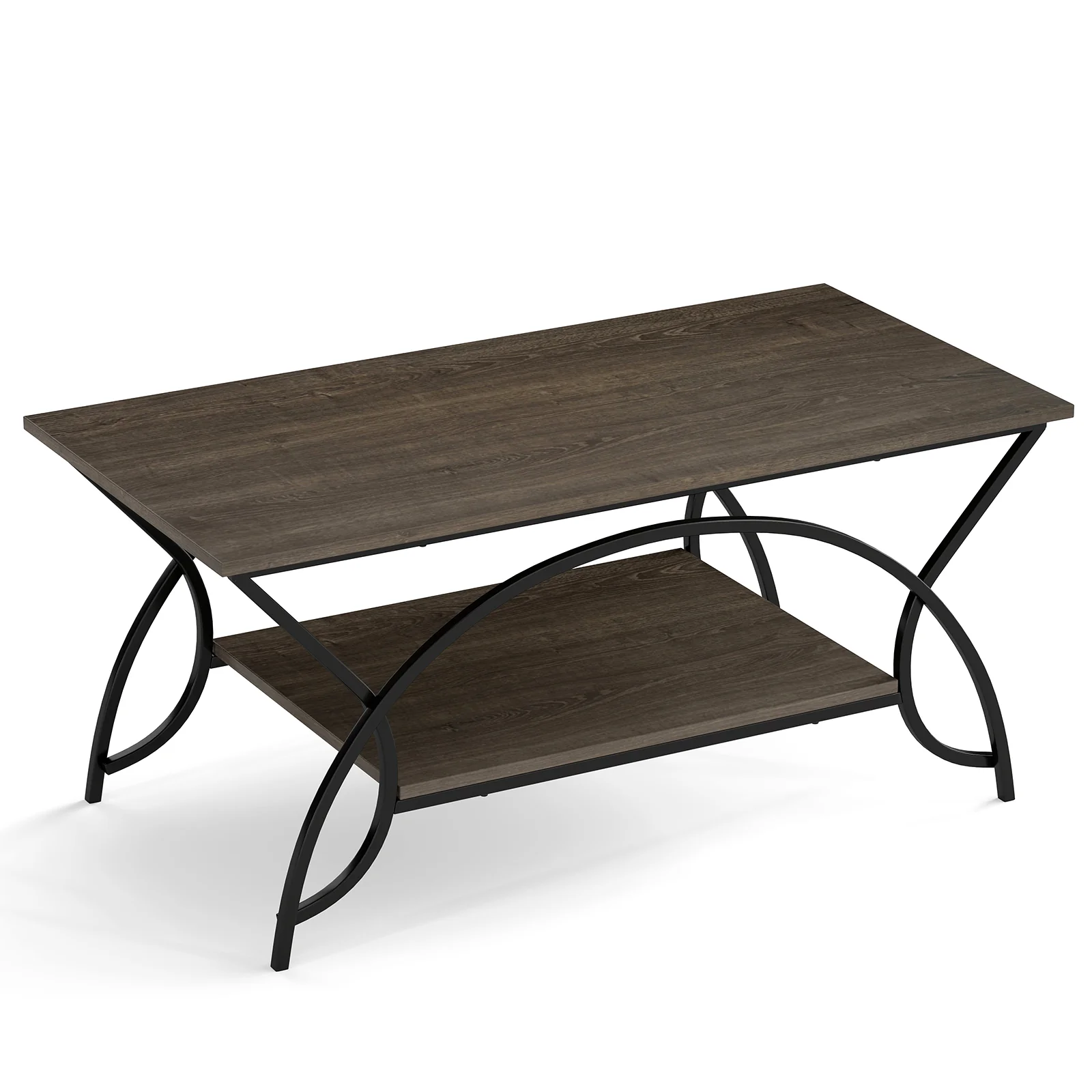 2-Tier Faux Marble Coffee Table with Marble Top and Metal Frame, Oak - Image 4