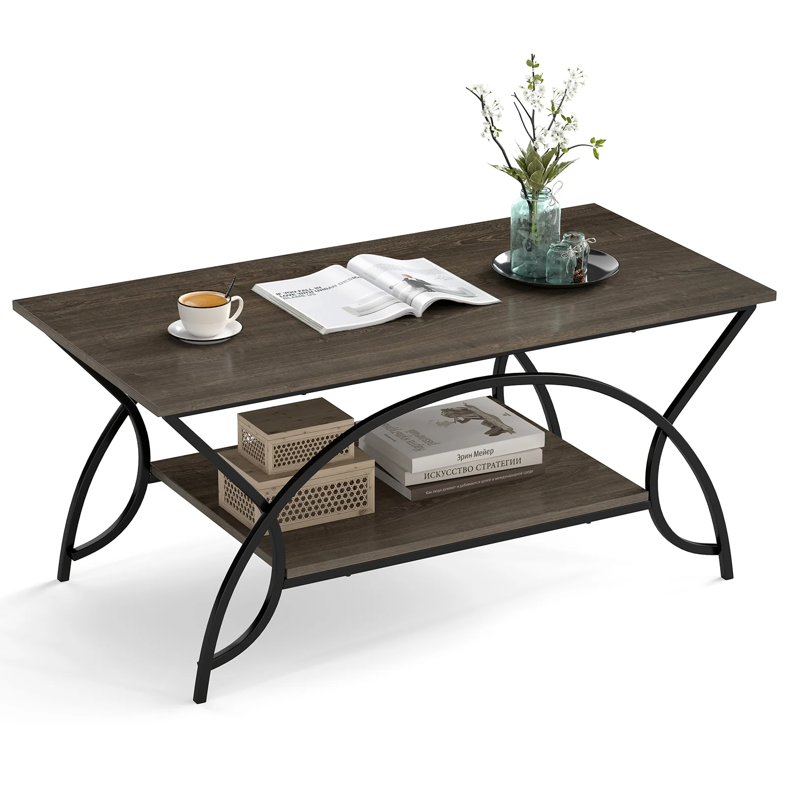 2-Tier Faux Marble Coffee Table with Marble Top and Metal Frame, Oak - Image 5