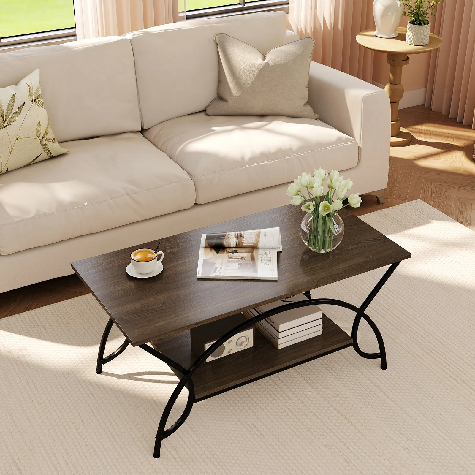 2-Tier Faux Marble Coffee Table with Marble Top and Metal Frame, Oak - Image 7
