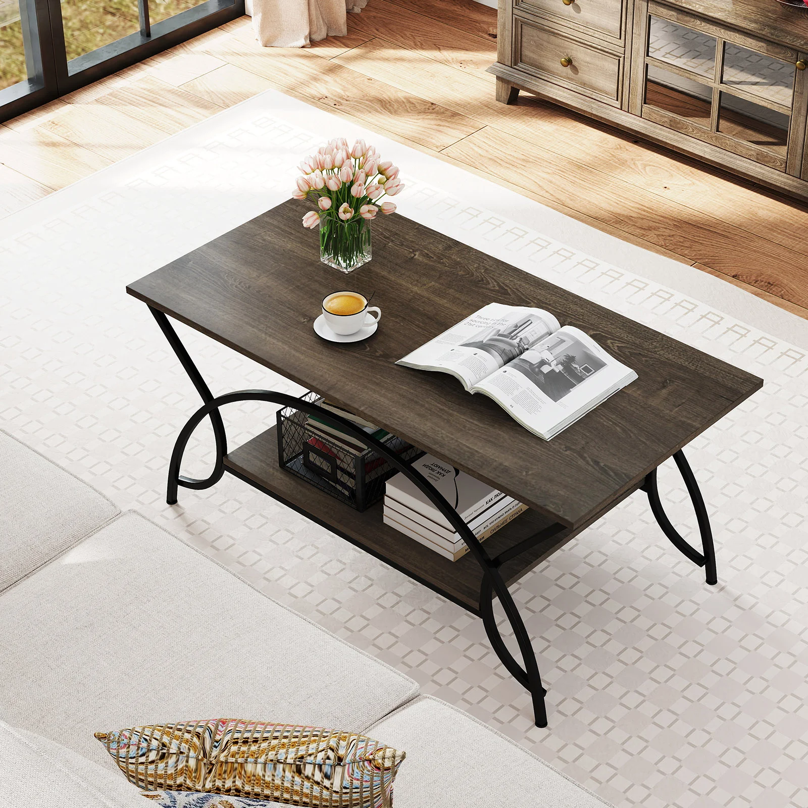 2-Tier Faux Marble Coffee Table with Marble Top and Metal Frame, Oak - Image 8