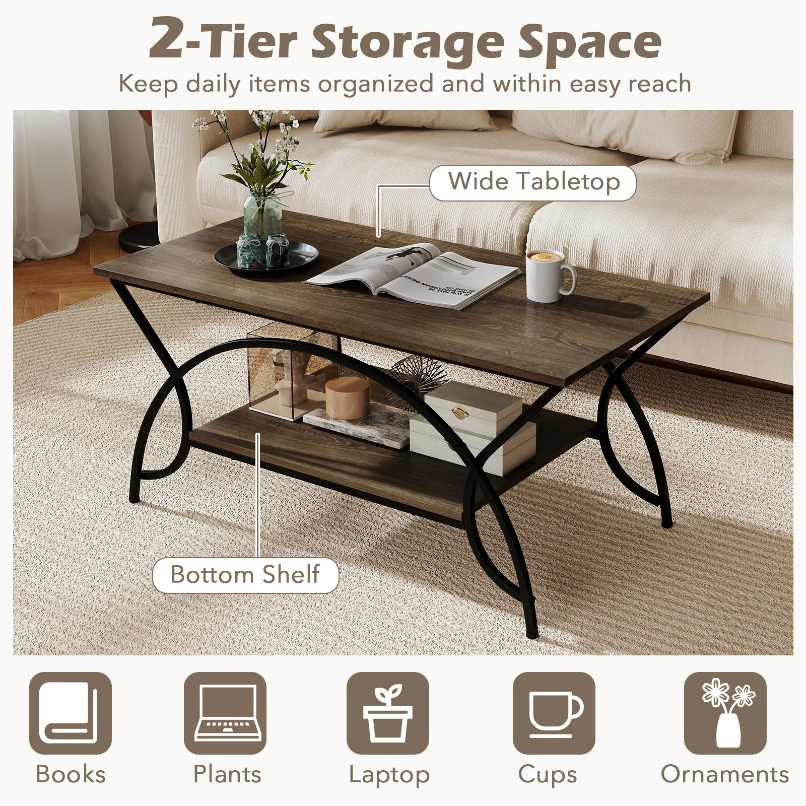 2-Tier Faux Marble Coffee Table with Marble Top and Metal Frame, Oak - Image 9