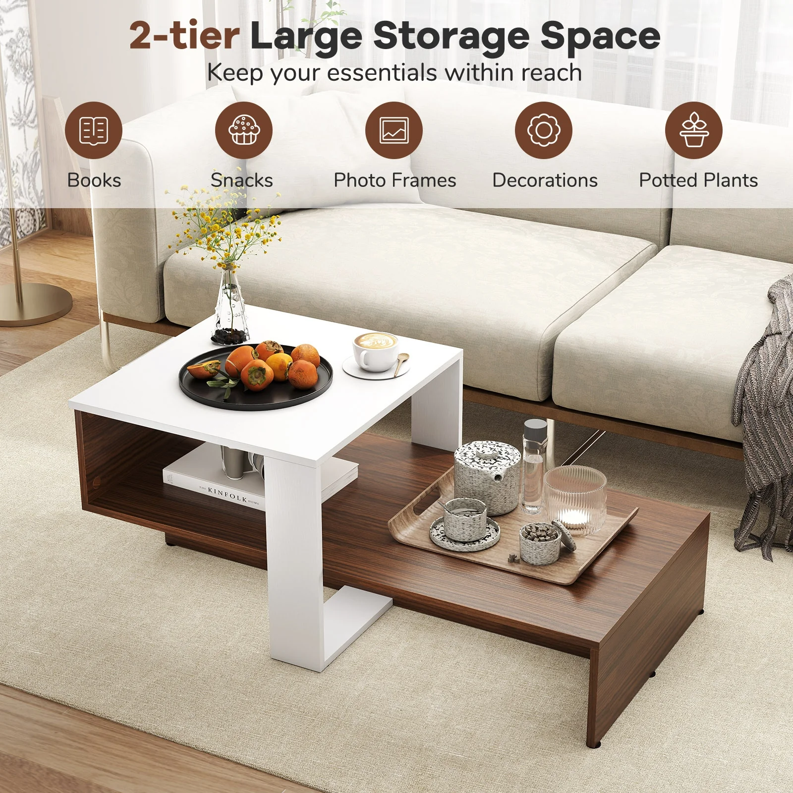 2-Tier Geometric Coffee Table, Storage Shelves, And Brown, White - Image 10