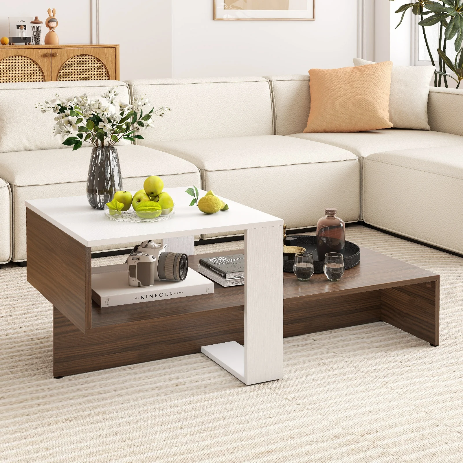 2-Tier Geometric Coffee Table, Storage Shelves, And Brown, White - Image 2