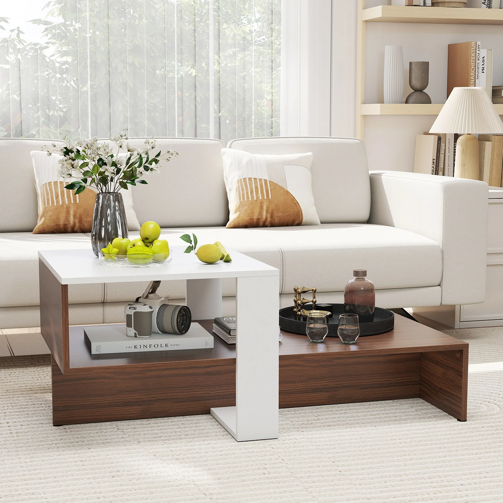 2-Tier Geometric Coffee Table, Storage Shelves, And Brown, White - Image 3