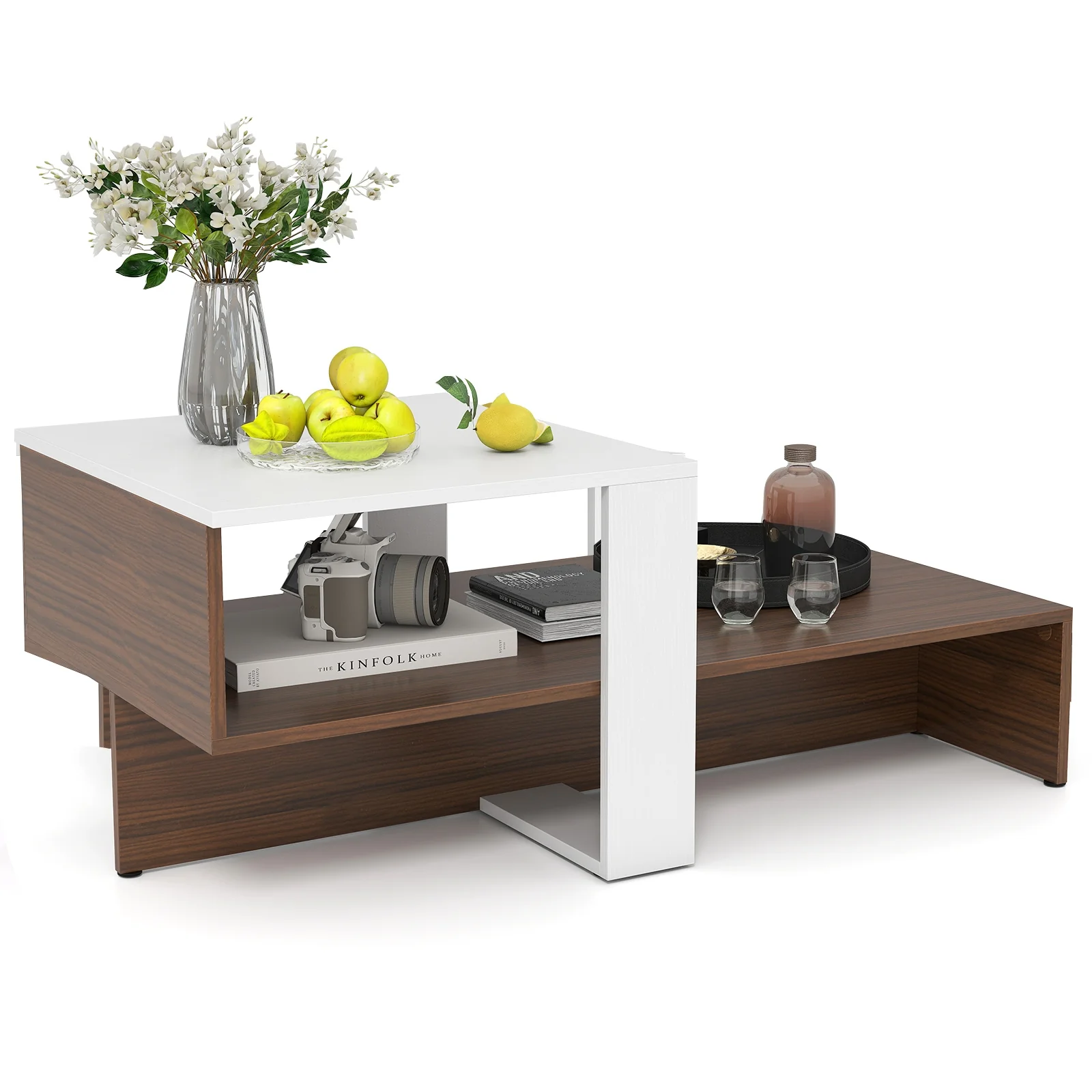 2-Tier Geometric Coffee Table, Storage Shelves, And Brown, White - Image 4