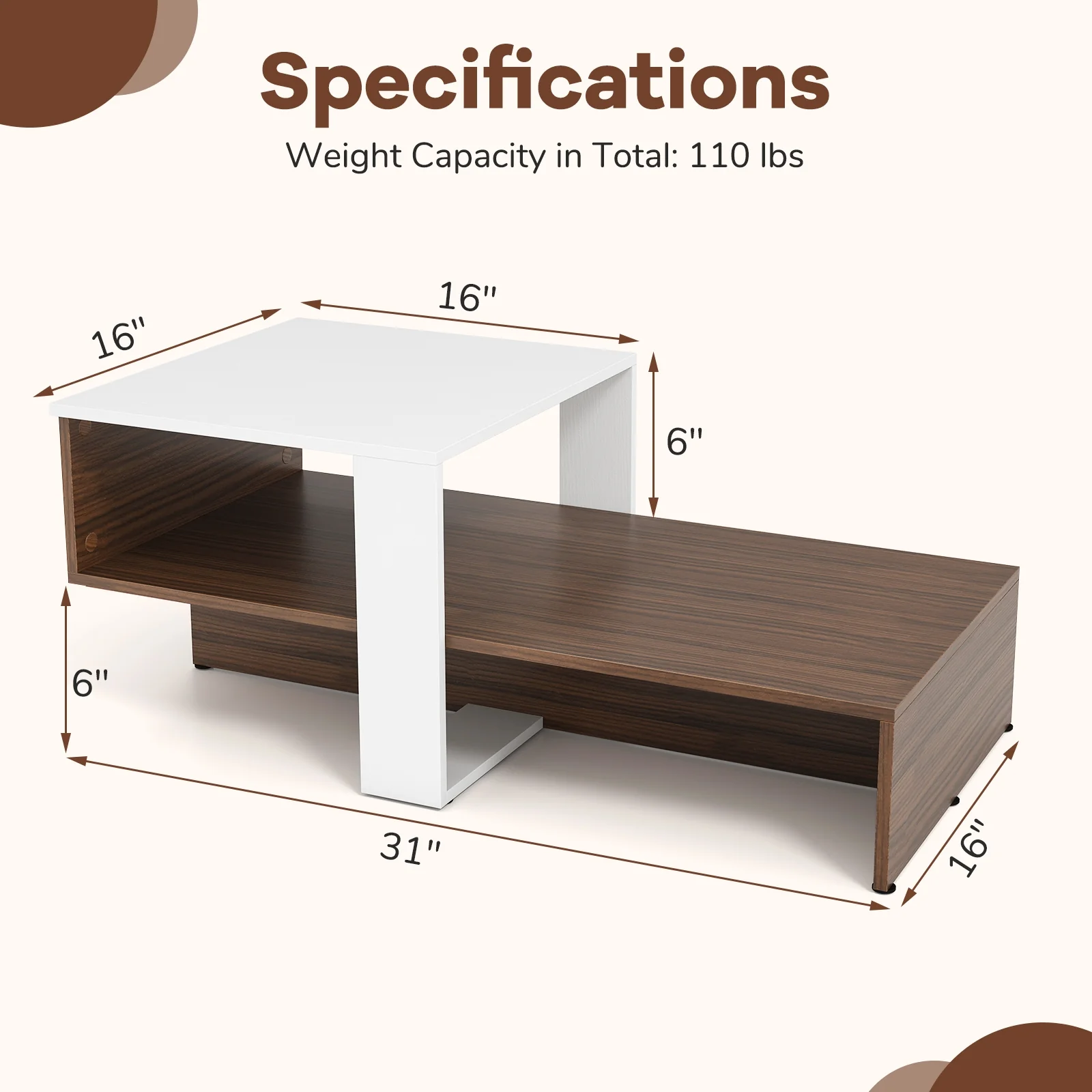 2-Tier Geometric Coffee Table, Storage Shelves, And Brown, White - Image 6