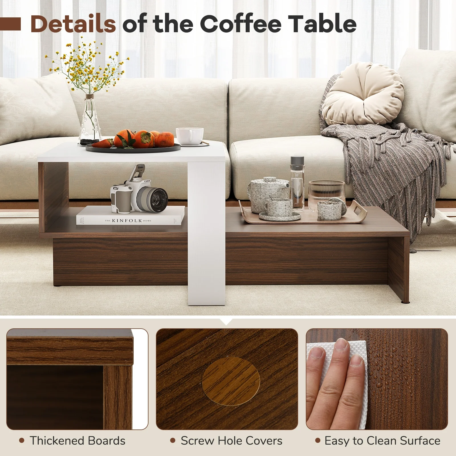 2-Tier Geometric Coffee Table, Storage Shelves, And Brown, White - Image 7