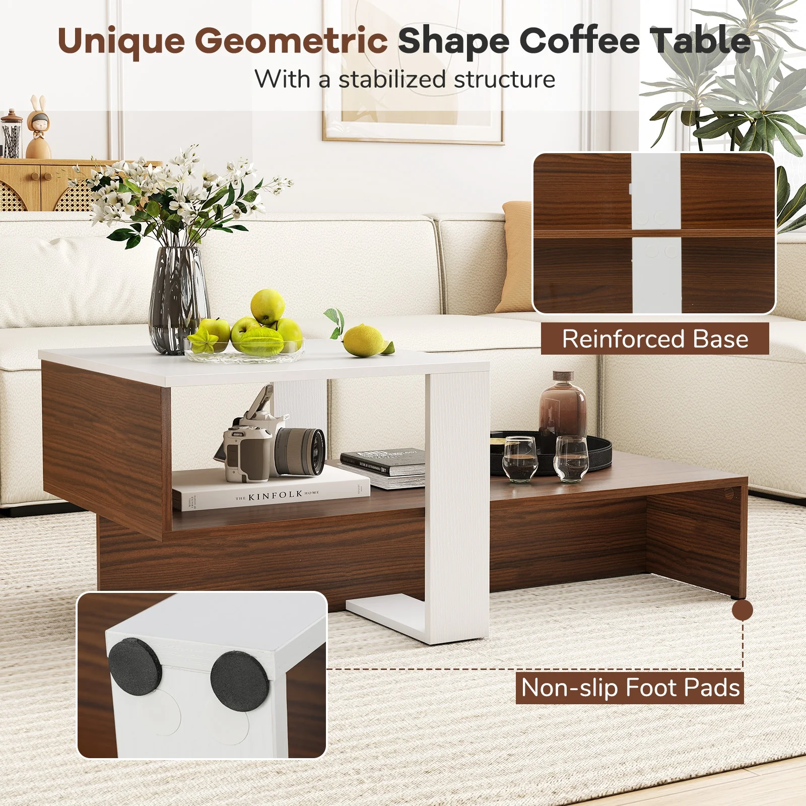 2-Tier Geometric Coffee Table, Storage Shelves, And Brown, White - Image 8