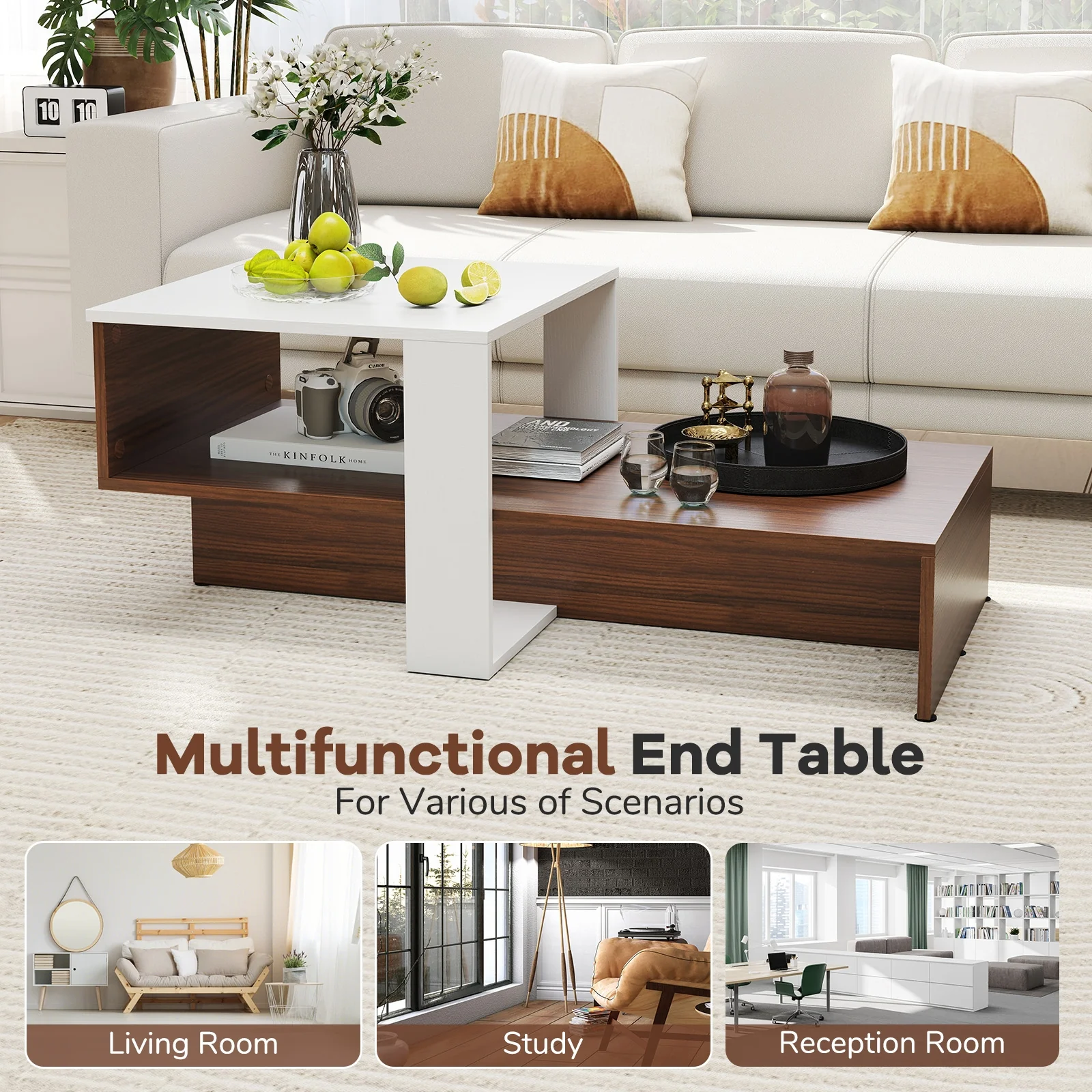 2-Tier Geometric Coffee Table, Storage Shelves, And Brown, White - Image 9