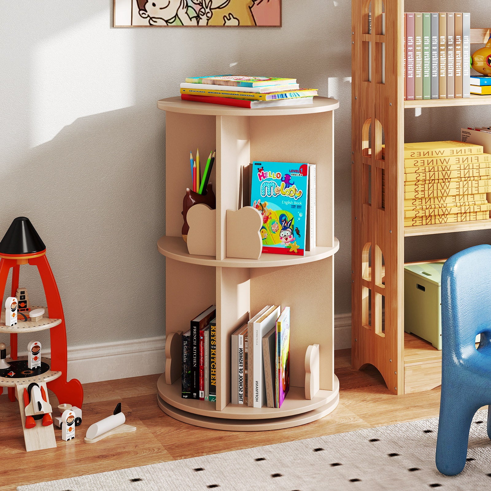 2 Tier Kids Rotating Bookshelf, Coffee - Image 2