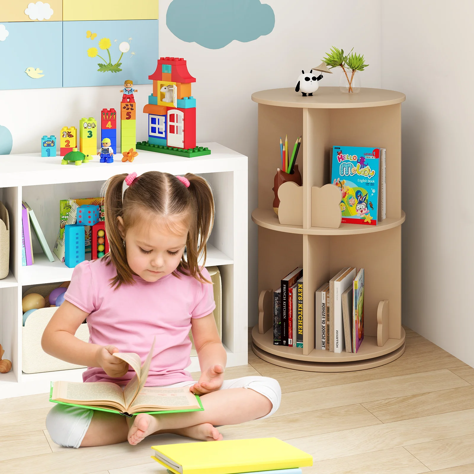 2 Tier Kids Rotating Bookshelf, Coffee - Image 3