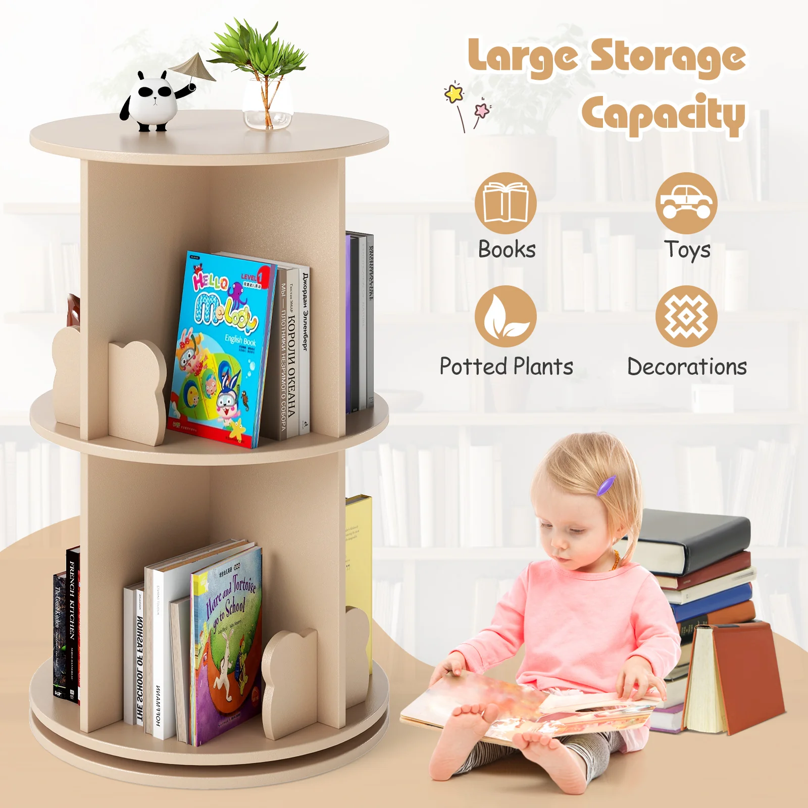2 Tier Kids Rotating Bookshelf, Coffee - Image 8