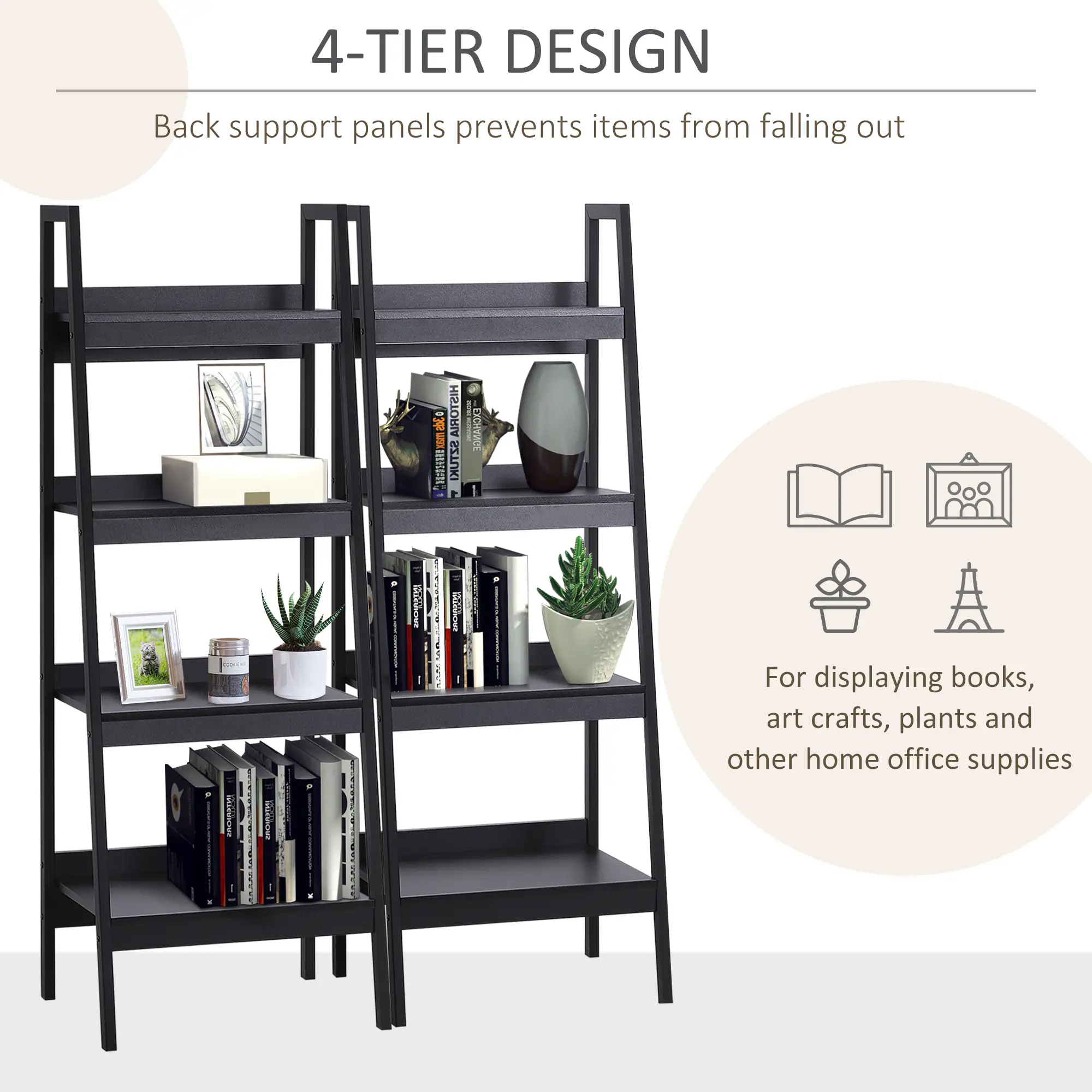2-Tier Ladder Shelf Bookcase, Multi-Use Display Rack, Black - Image 4