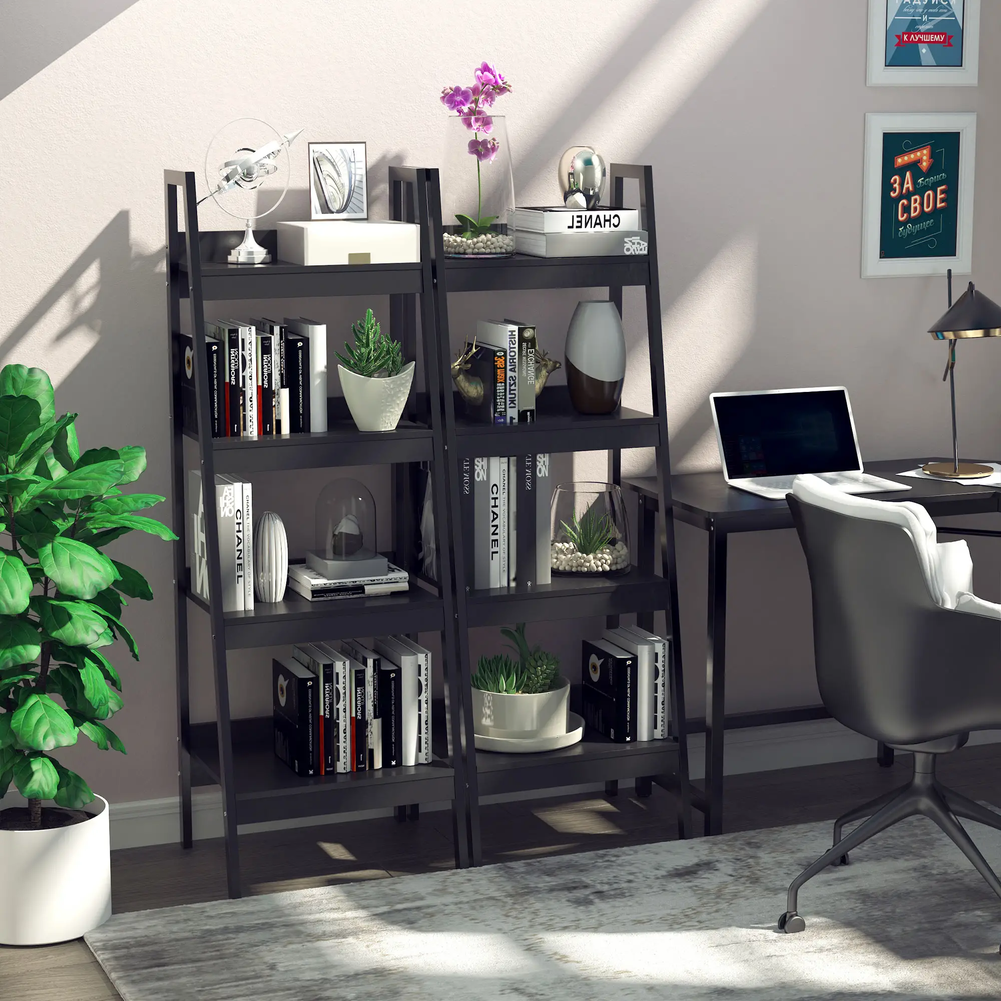 2-Tier Ladder Shelf Bookcase, Multi-Use Display Rack, Black - Image 8