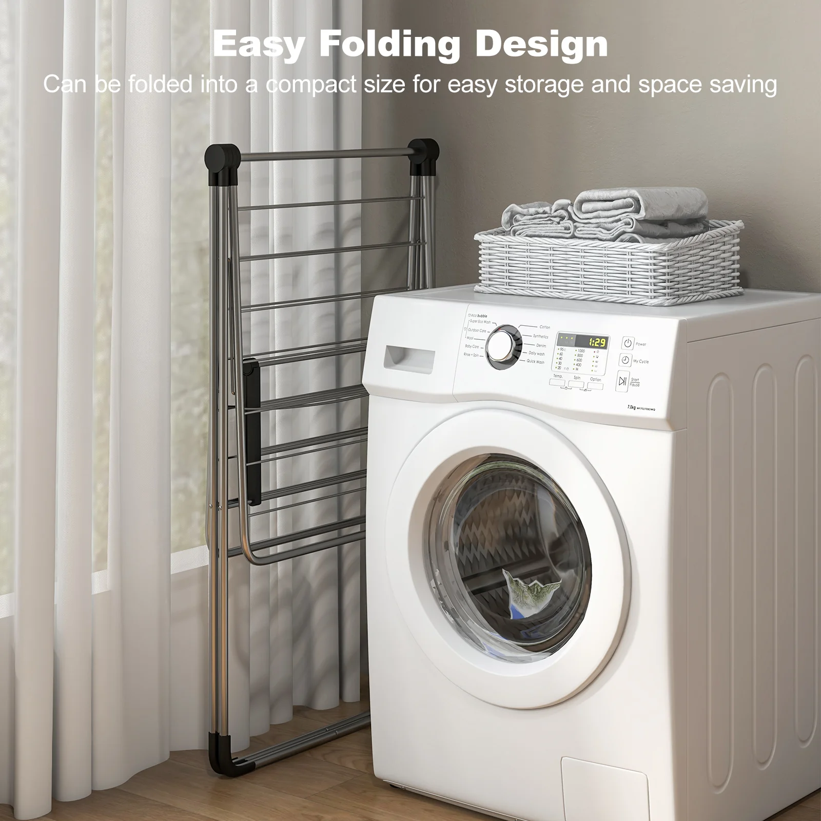 2-Tier Laundry Drying Rack, Folding Cloth Rack, Aluminum Frame, Silver - Image 6