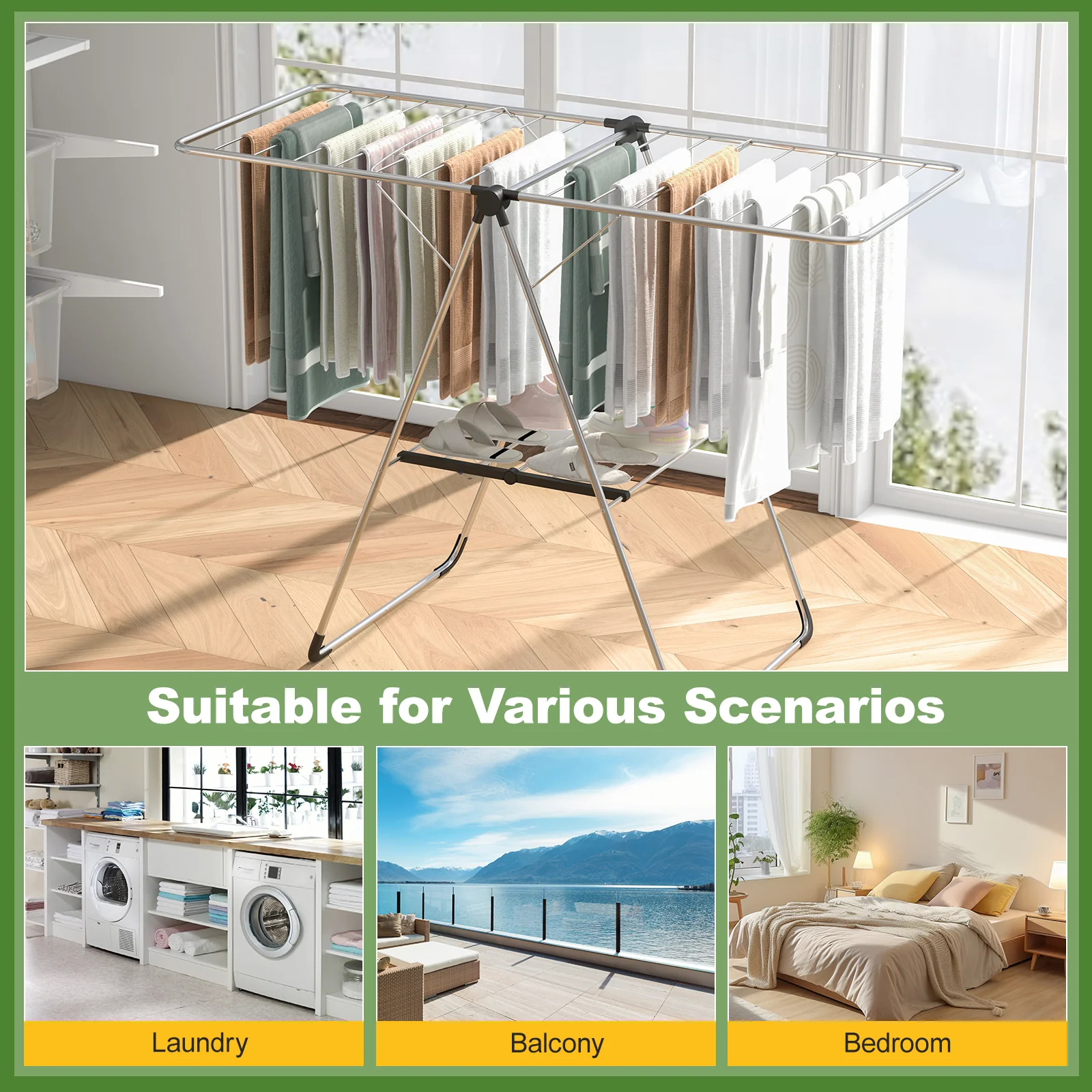 2-Tier Laundry Drying Rack, Folding Cloth Rack, Aluminum Frame, Silver - Image 8