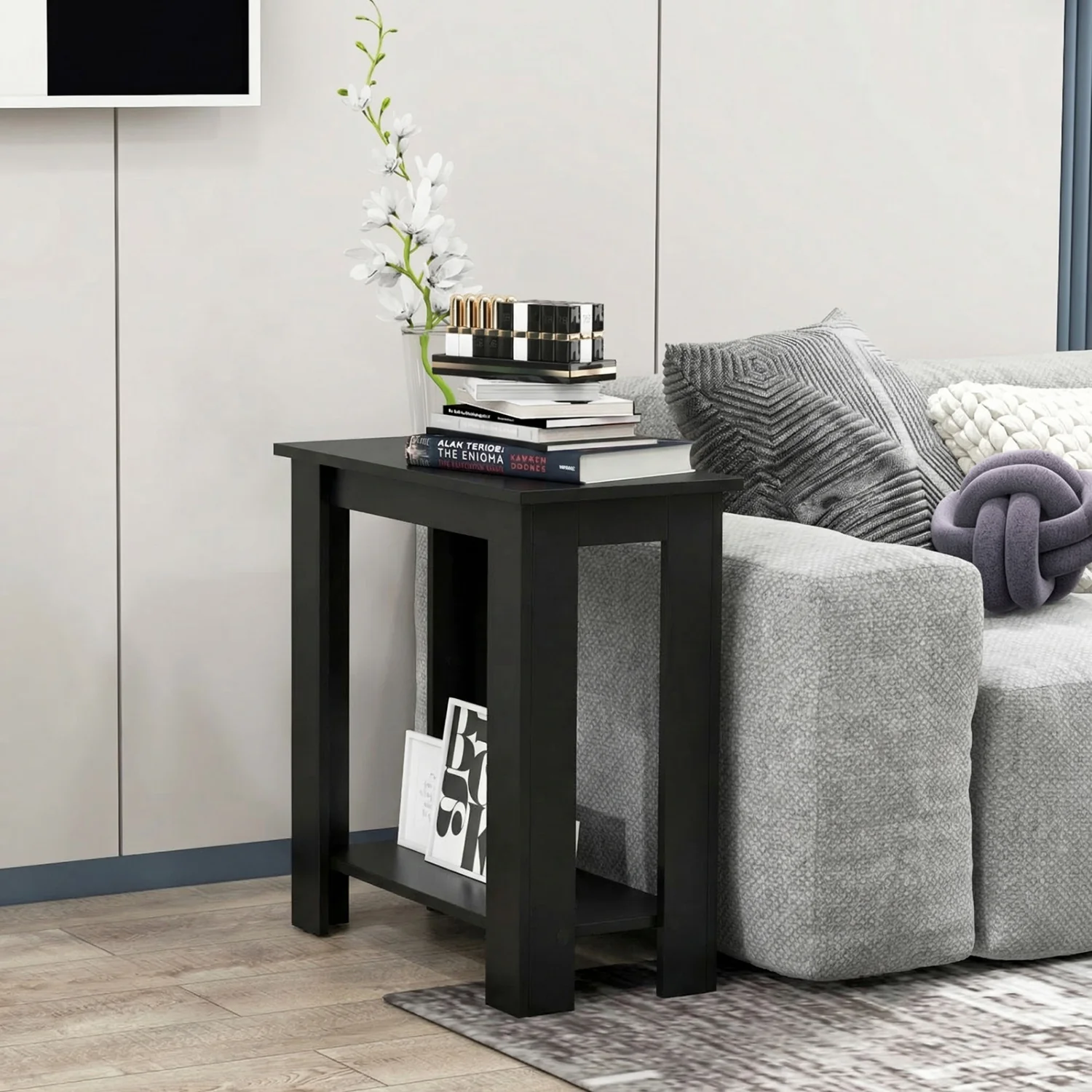2-Tier Modern Compact End Table with Storage Shelf, Black - Image 3