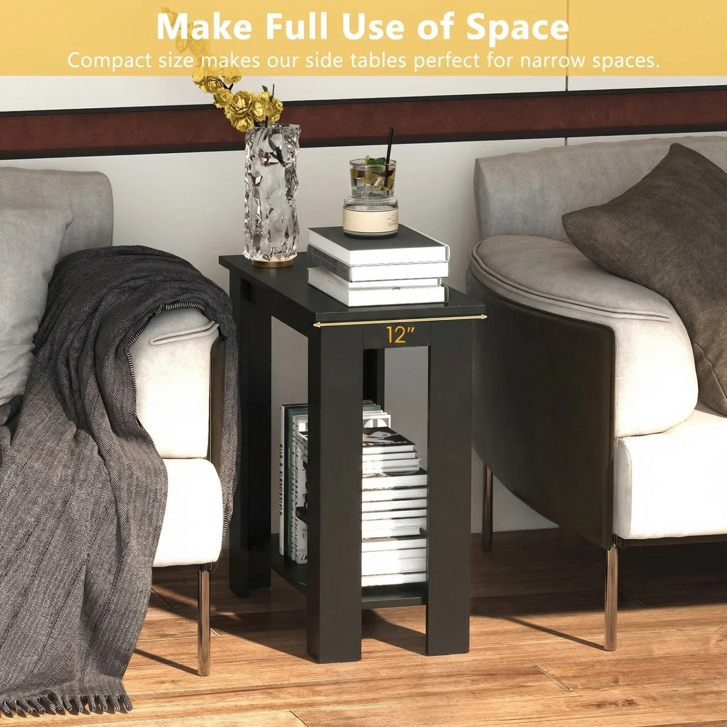 2-Tier Modern Compact End Table with Storage Shelf, Black - Image 6