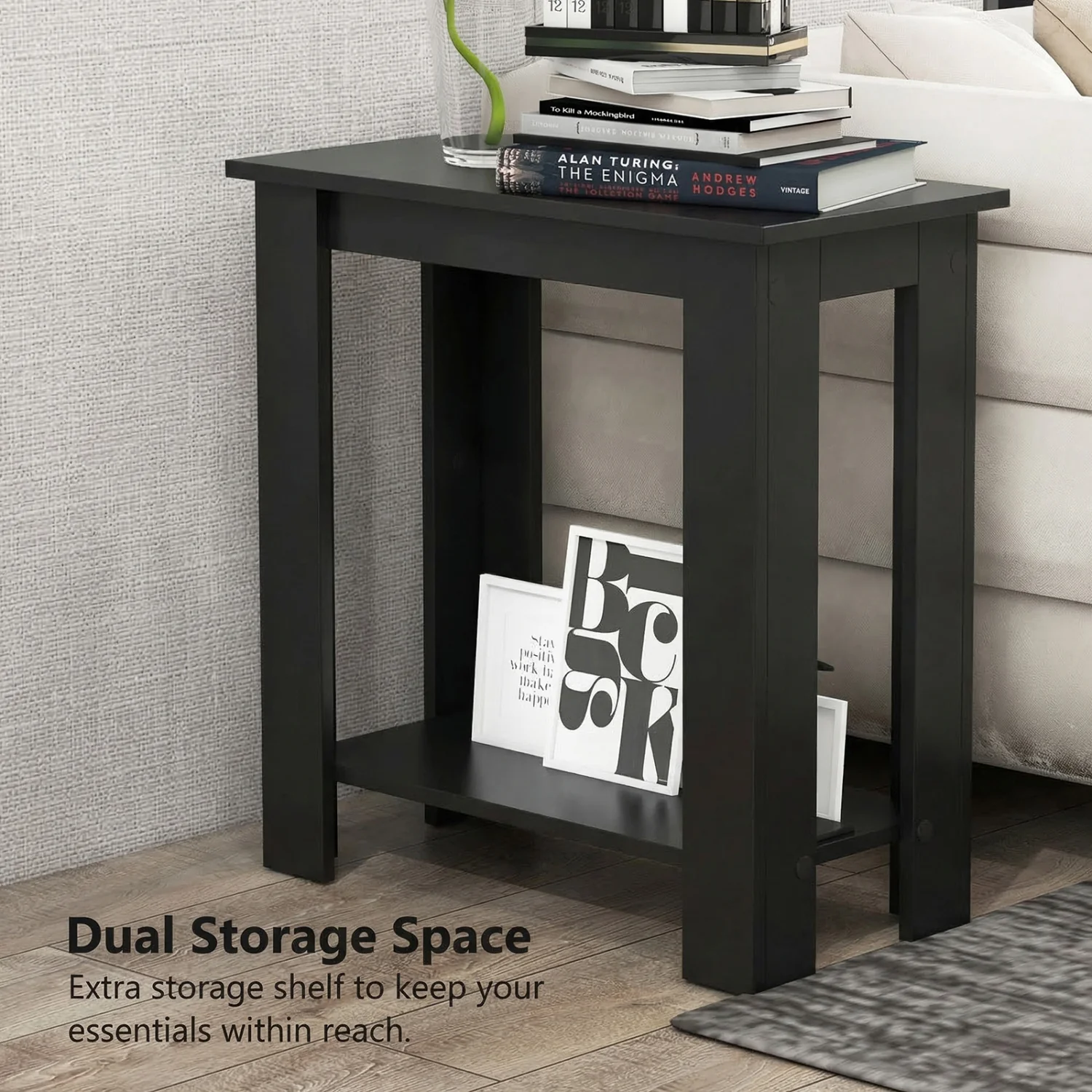 2-Tier Modern Compact End Table with Storage Shelf, Black - Image 7
