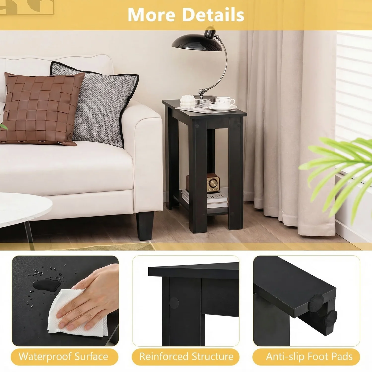 2-Tier Modern Compact End Table with Storage Shelf, Black - Image 8