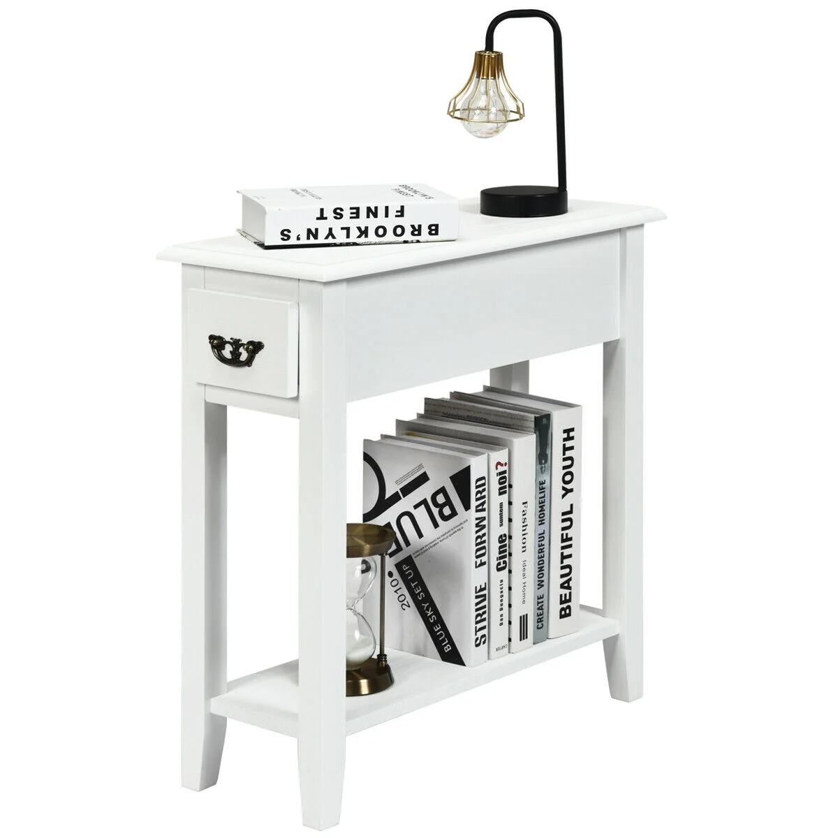 2 Tier Narrow End Bedside Table, White
