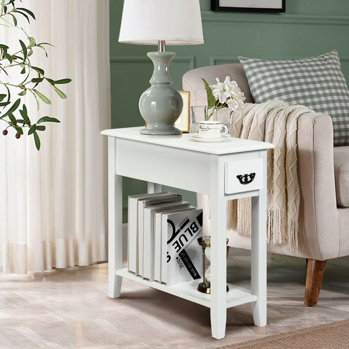 2 Tier Narrow End Bedside Table, White - Image 2