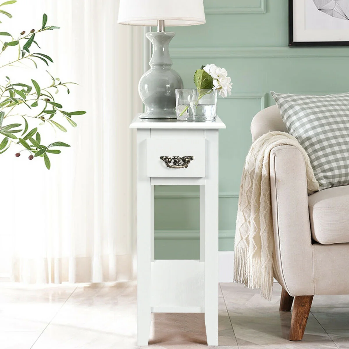 2 Tier Narrow End Bedside Table, White - Image 3