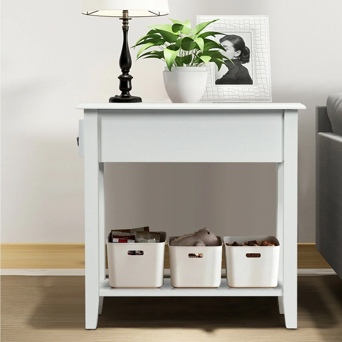 2 Tier Narrow End Bedside Table, White - Image 5