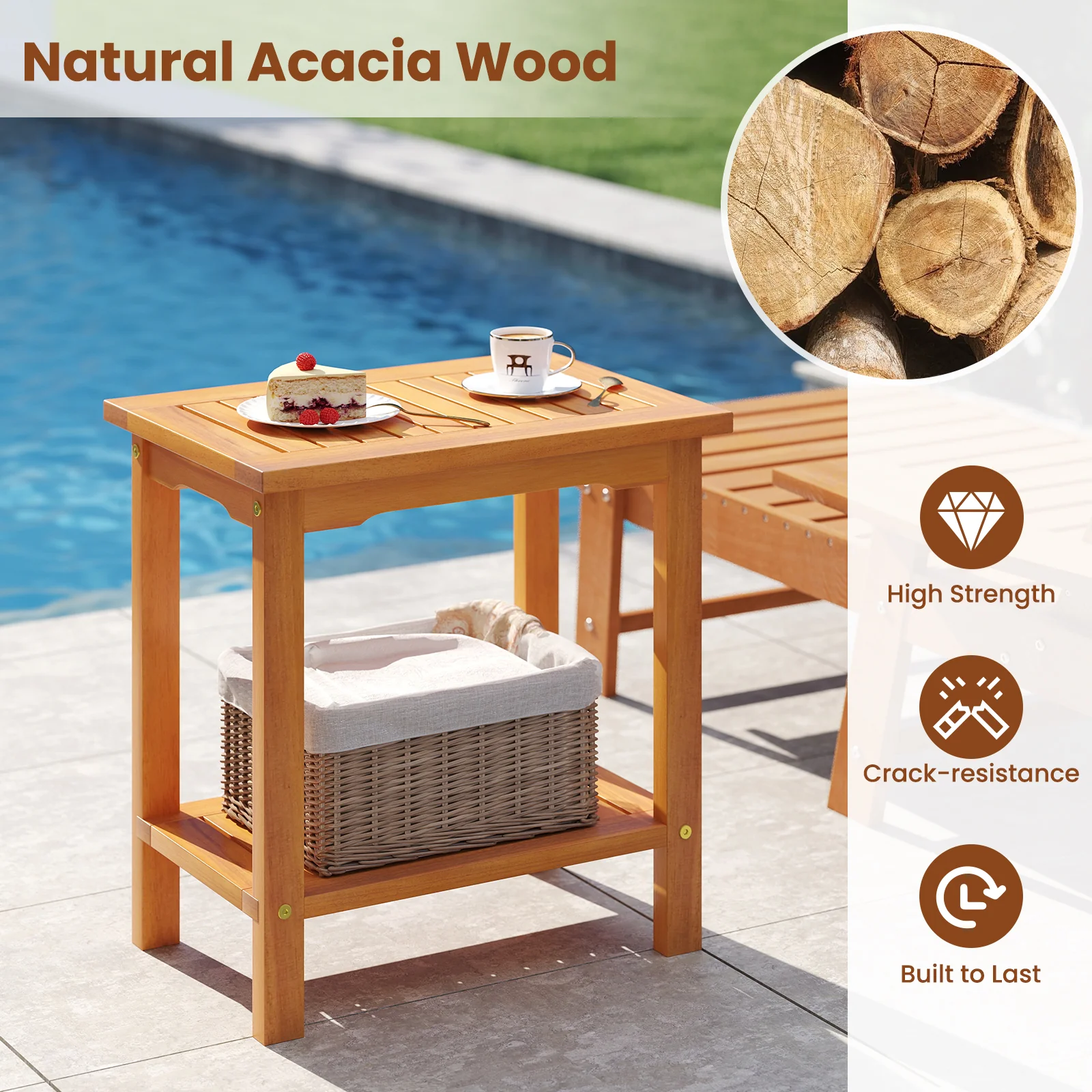 2-Tier Outdoor Acacia Wood Side Table, Slatted Tabletop, Storage Shelf - Image 8